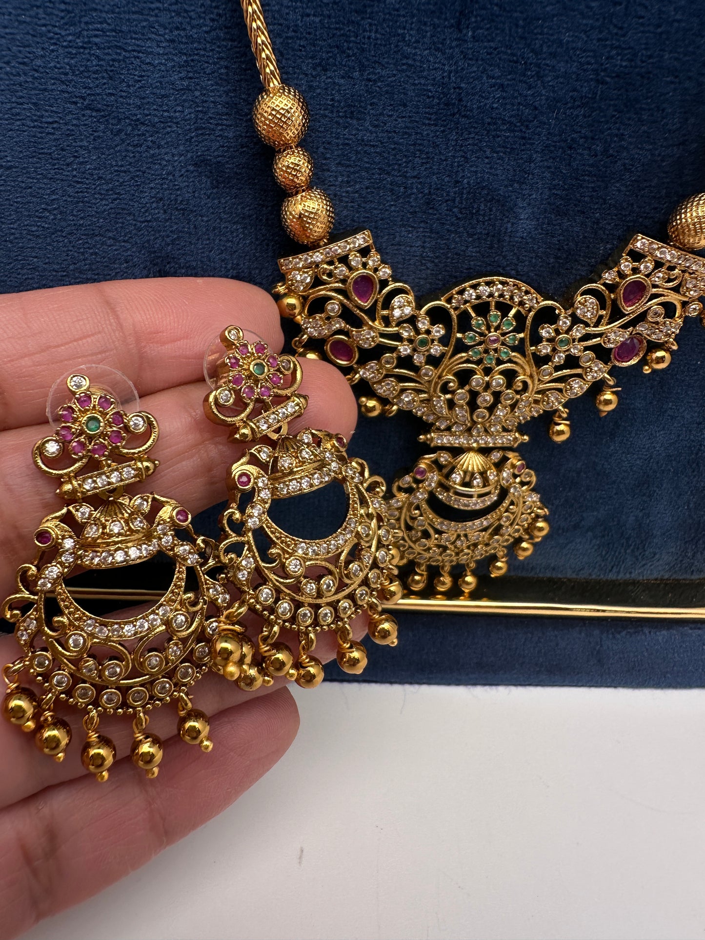 Antique Matte CZ Kemp Chandbali Traditional Long Chain Necklace - 