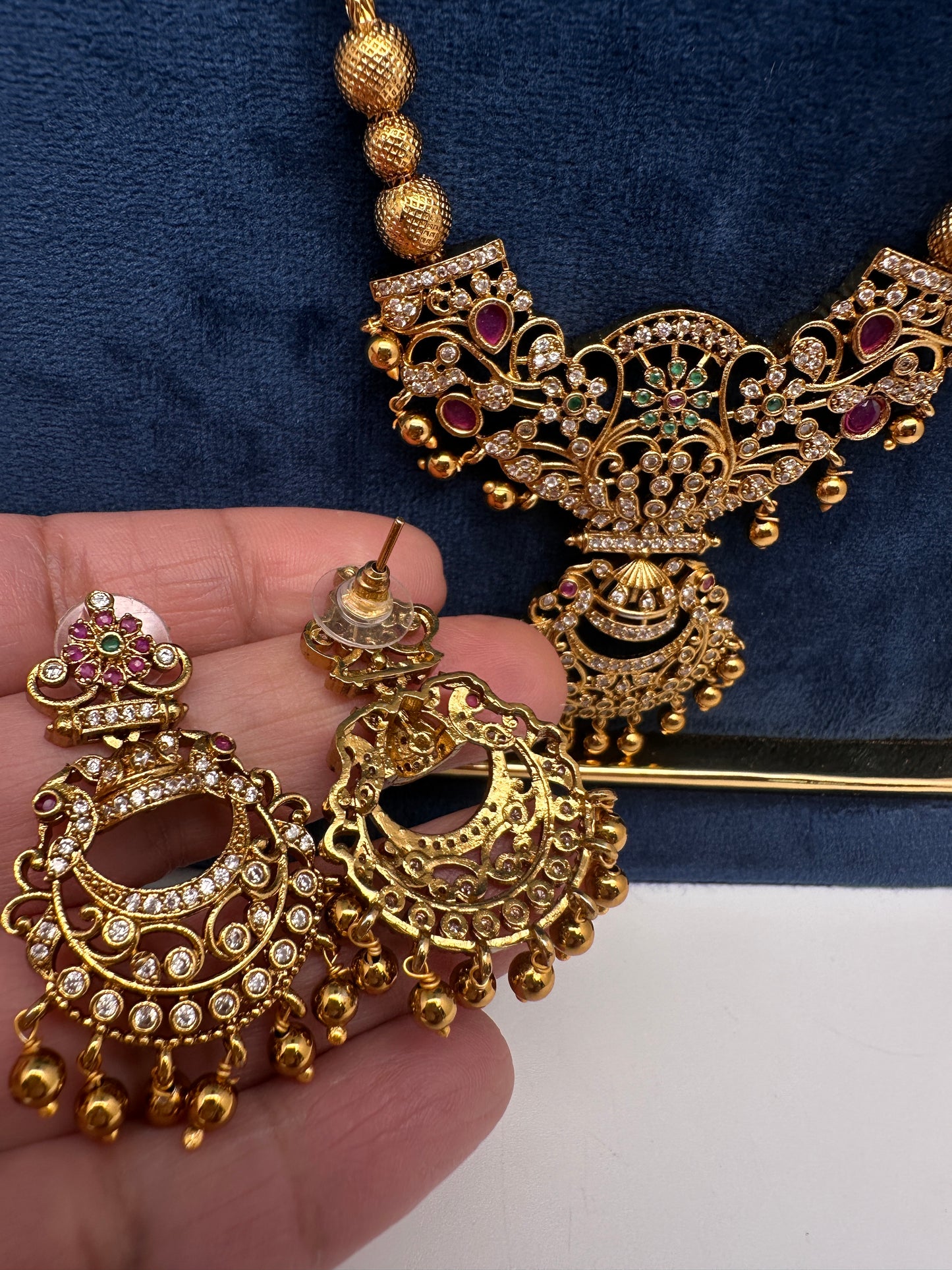 Antique Matte CZ Kemp Chandbali Traditional Long Chain Necklace - 