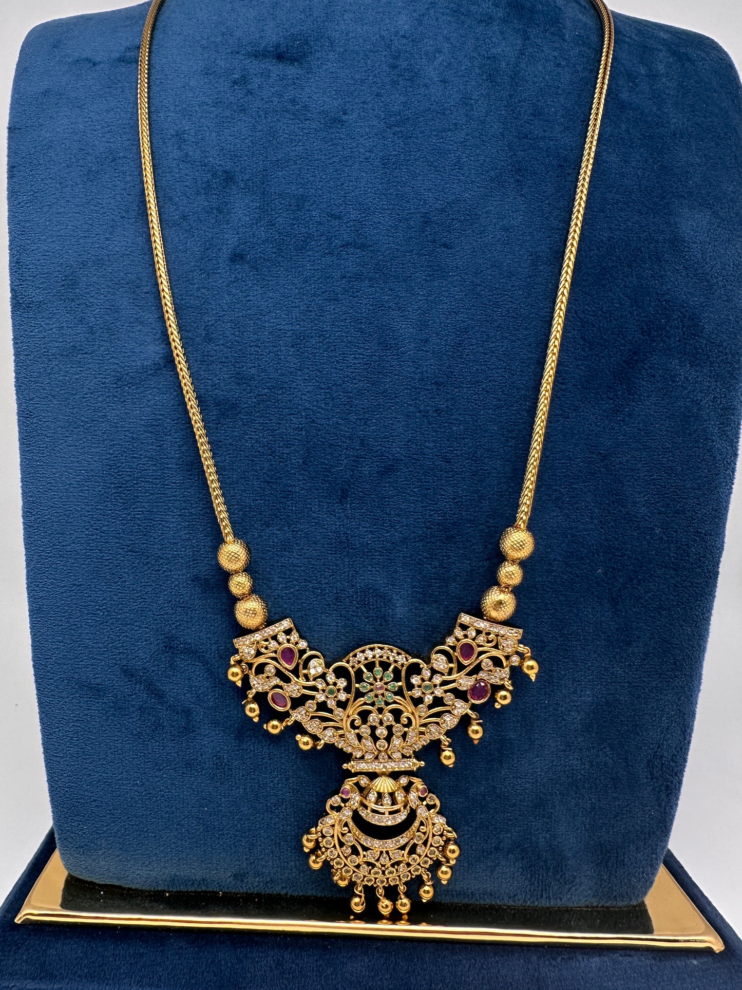 Antique Matte CZ Kemp Chandbali Traditional Long Chain Necklace - 