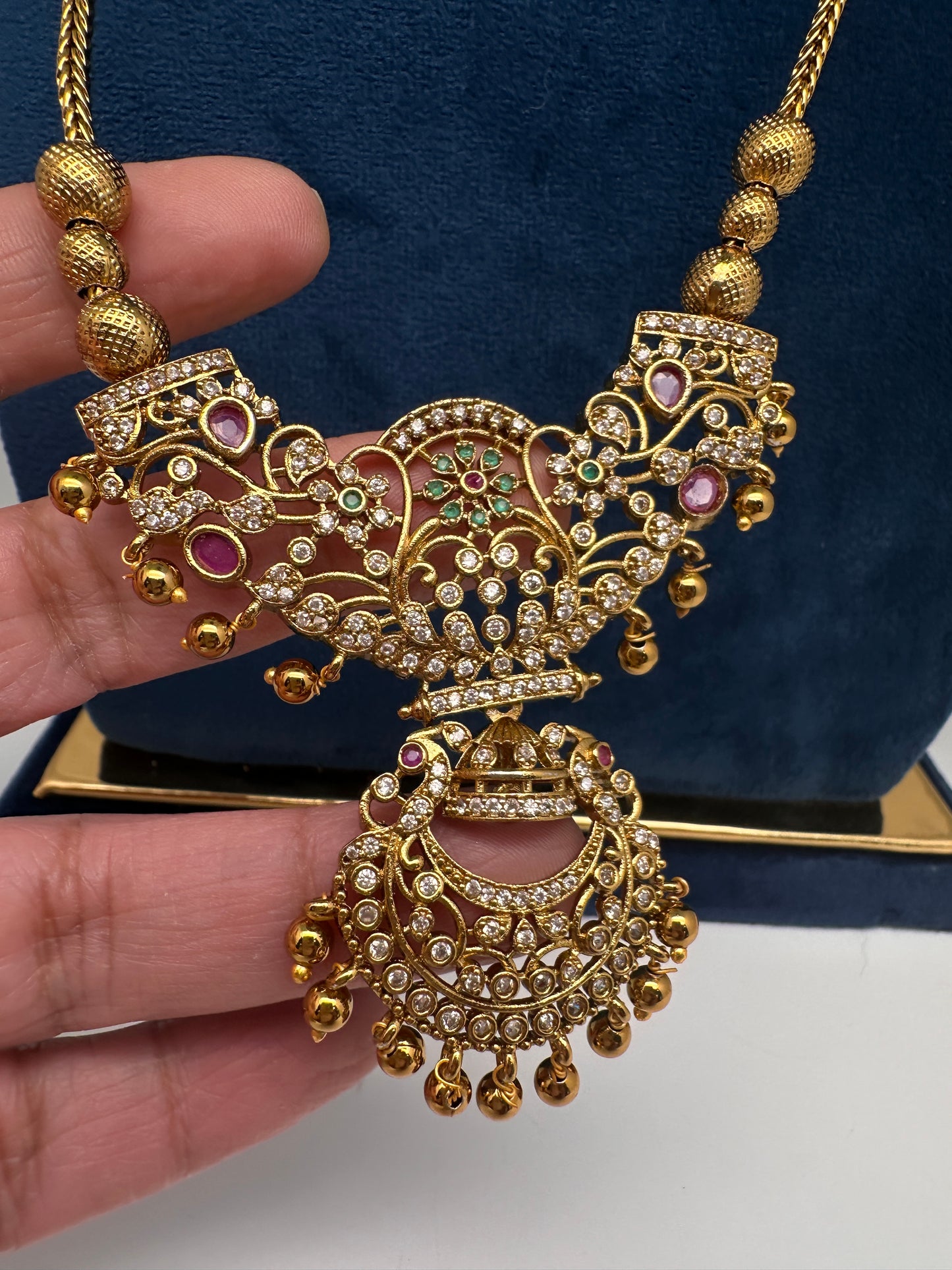 Antique Matte CZ Kemp Chandbali Traditional Long Chain Necklace - 