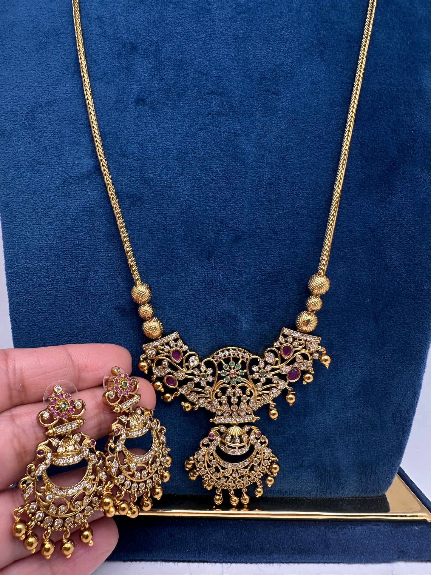 Antique Matte CZ Kemp Chandbali Traditional Long Chain Necklace - 