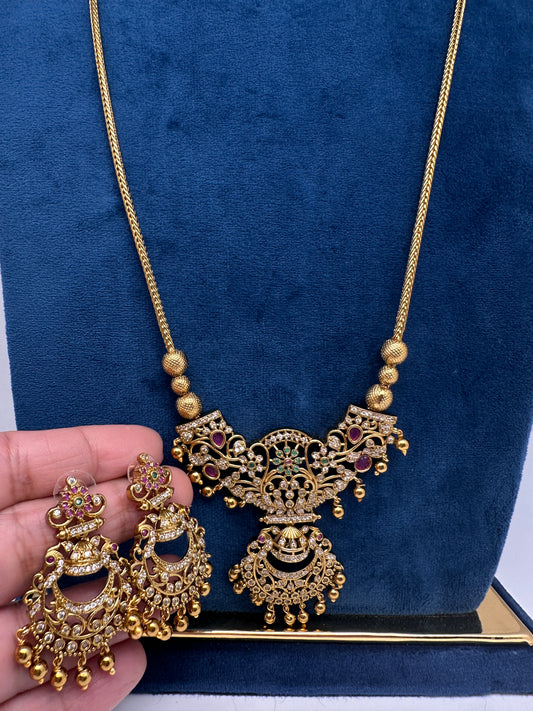 Antique Matte CZ Kemp Chandbali Traditional Long Chain Necklace - 