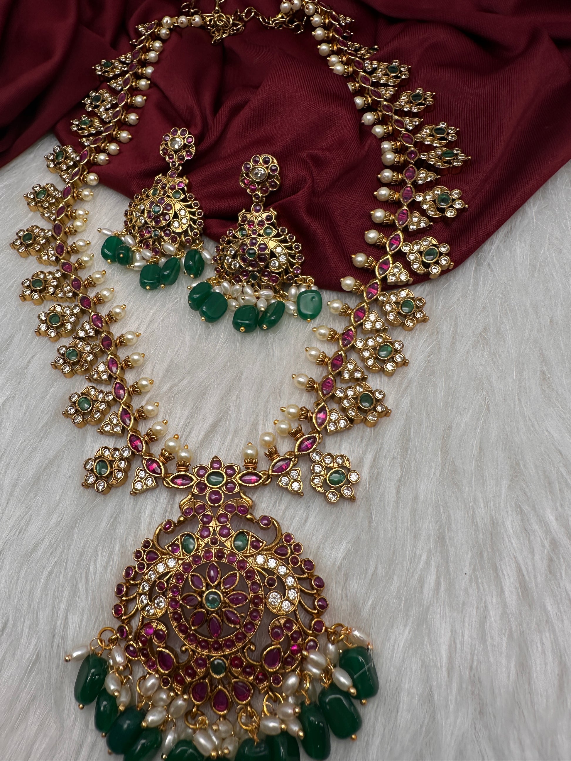 Matte Multi Stones Floral Long Necklace - 
