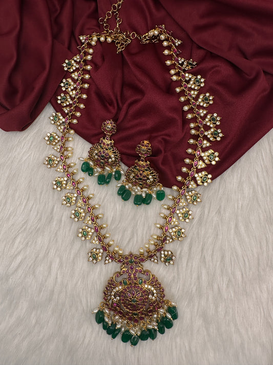 Matte Multi Stones Floral Long Necklace - 