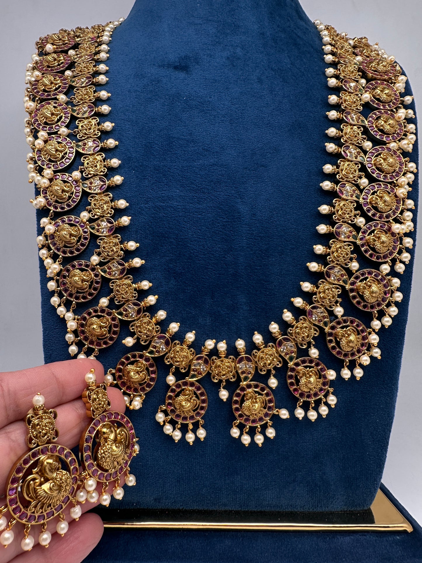 Traditional Kempu Peacock Bottu Mala Long Necklace - 