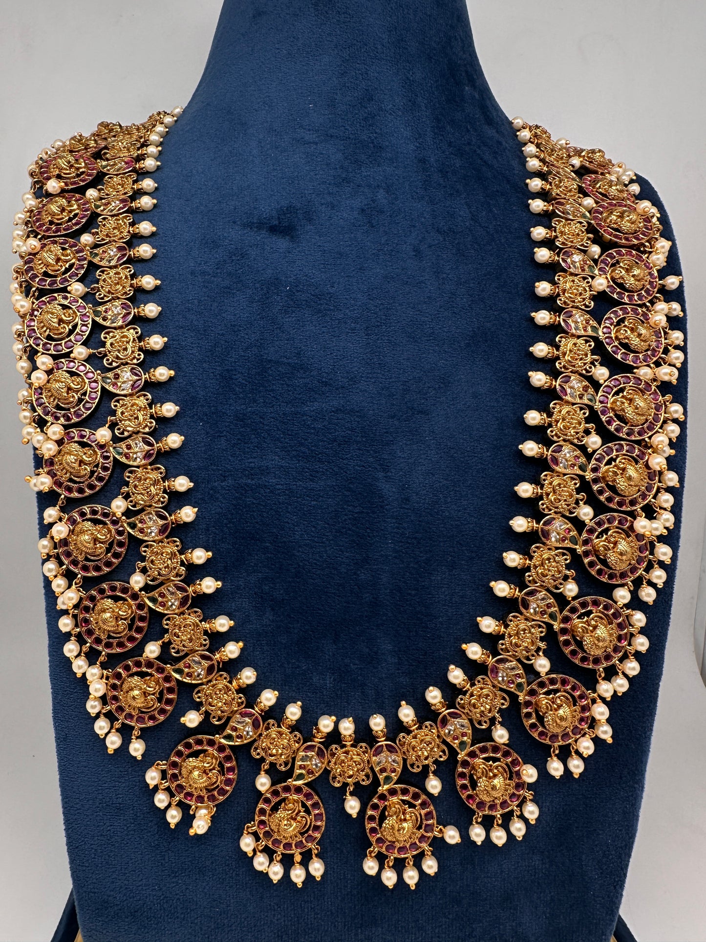 Traditional Kempu Peacock Bottu Mala Long Necklace - 