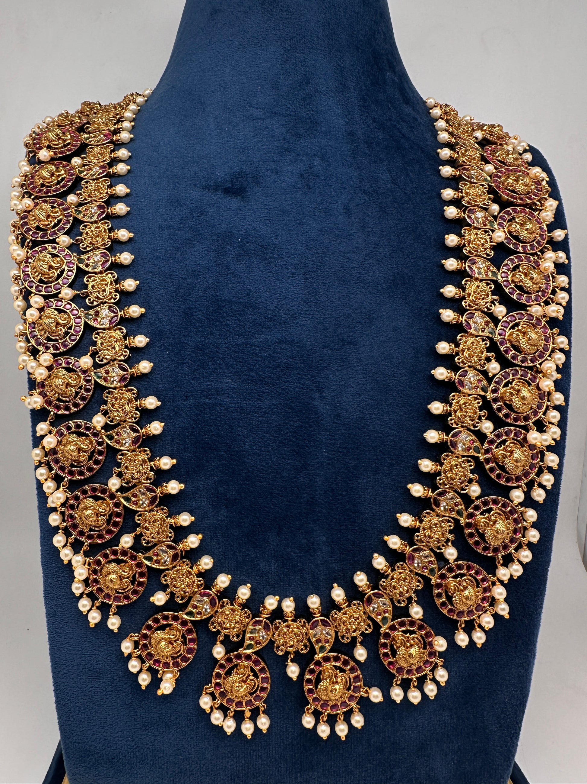 Traditional Kempu Peacock Bottu Mala Long Necklace - 