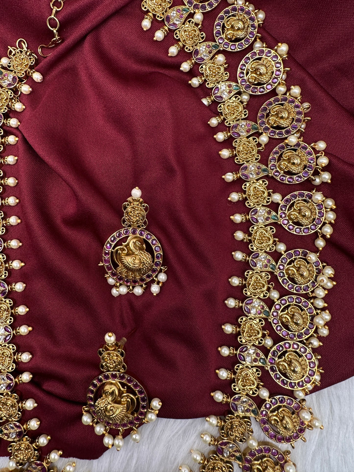 Traditional Kempu Peacock Bottu Mala Long Necklace - 