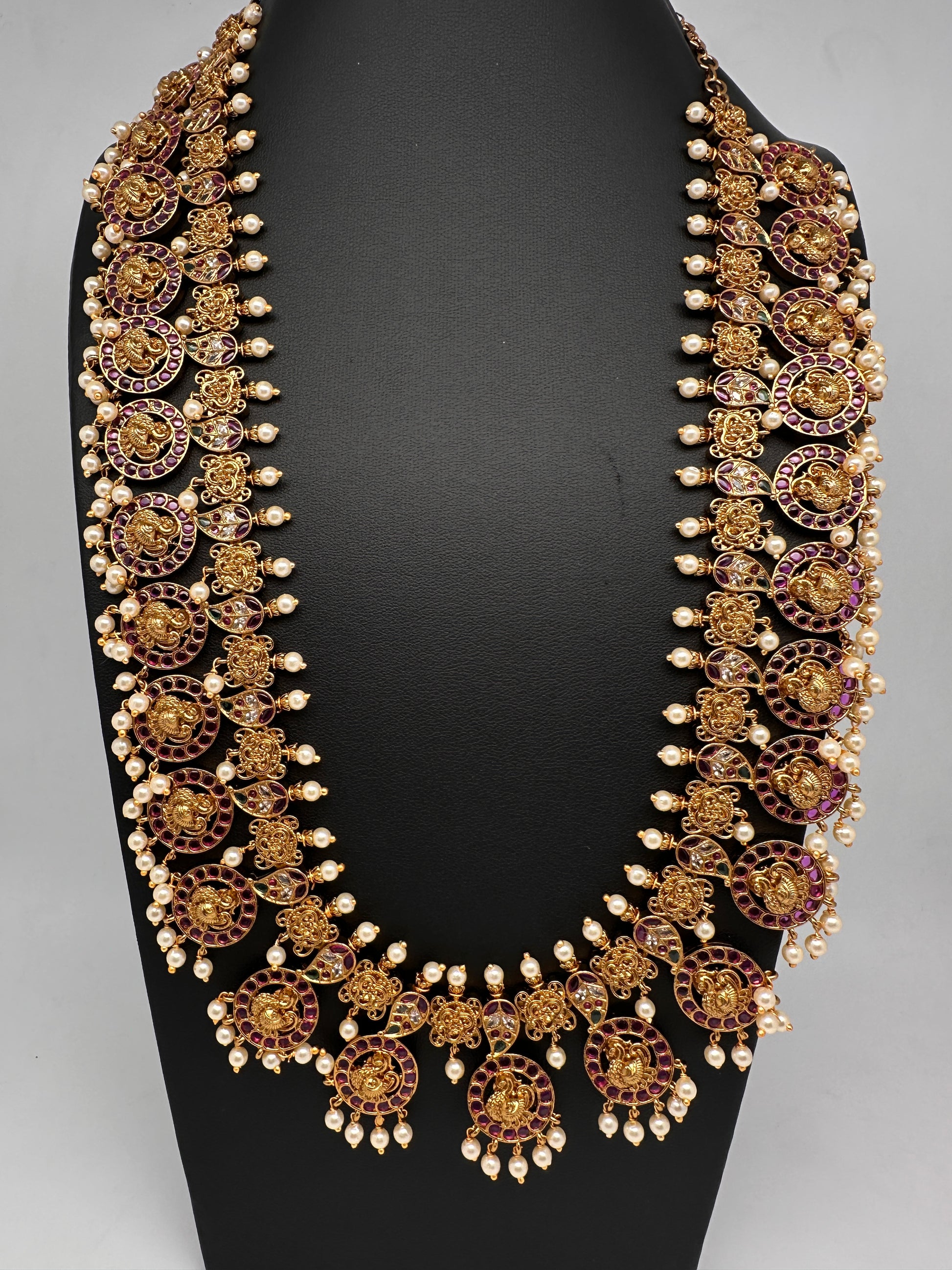 Traditional Kempu Peacock Bottu Mala Long Necklace - 