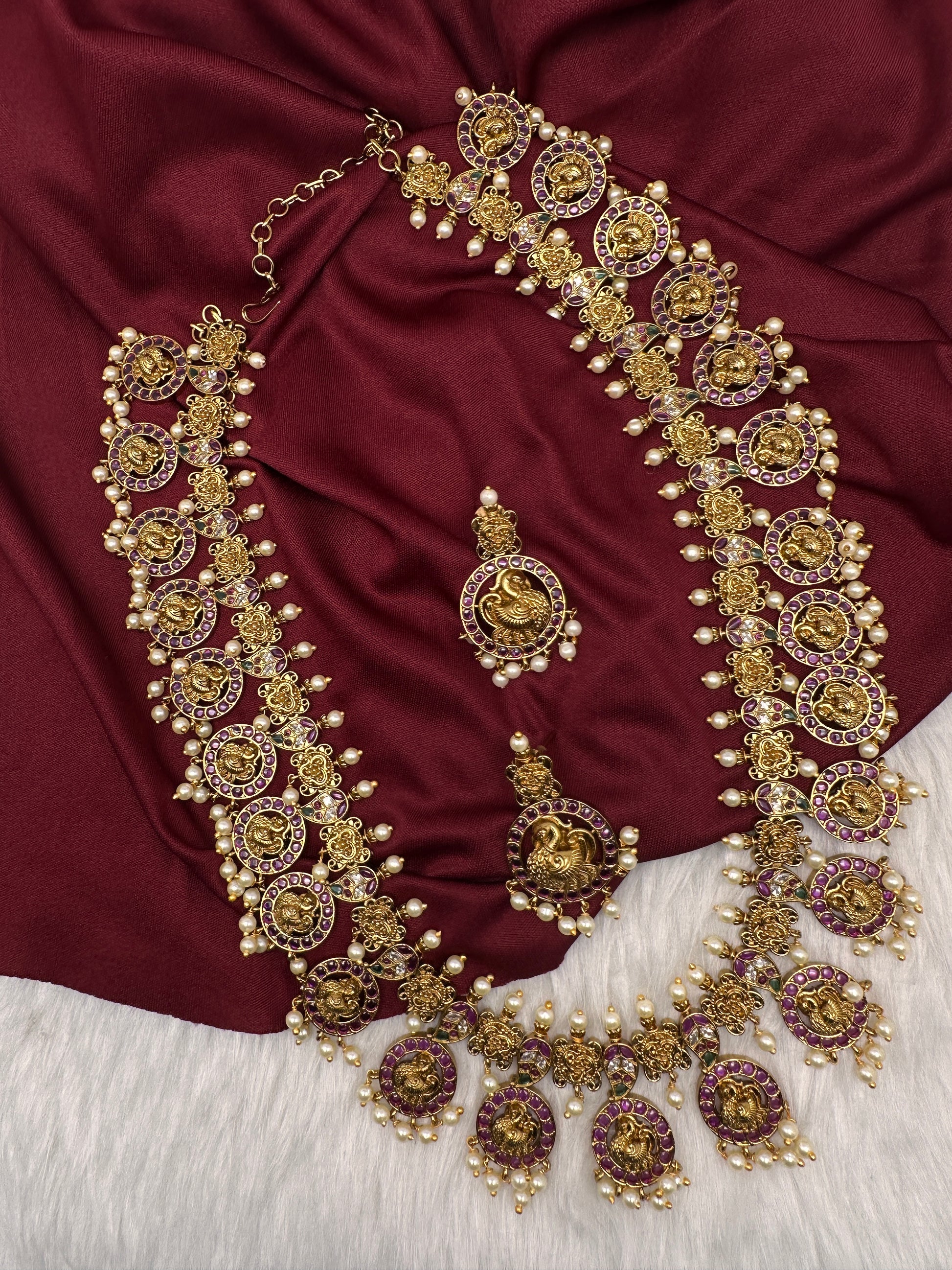 Traditional Kempu Peacock Bottu Mala Long Necklace - 
