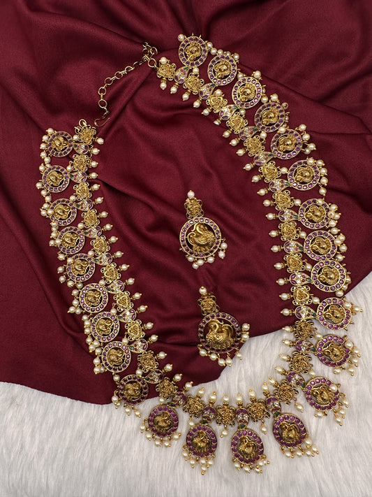 Traditional Kempu Peacock Bottu Mala Long Necklace - 