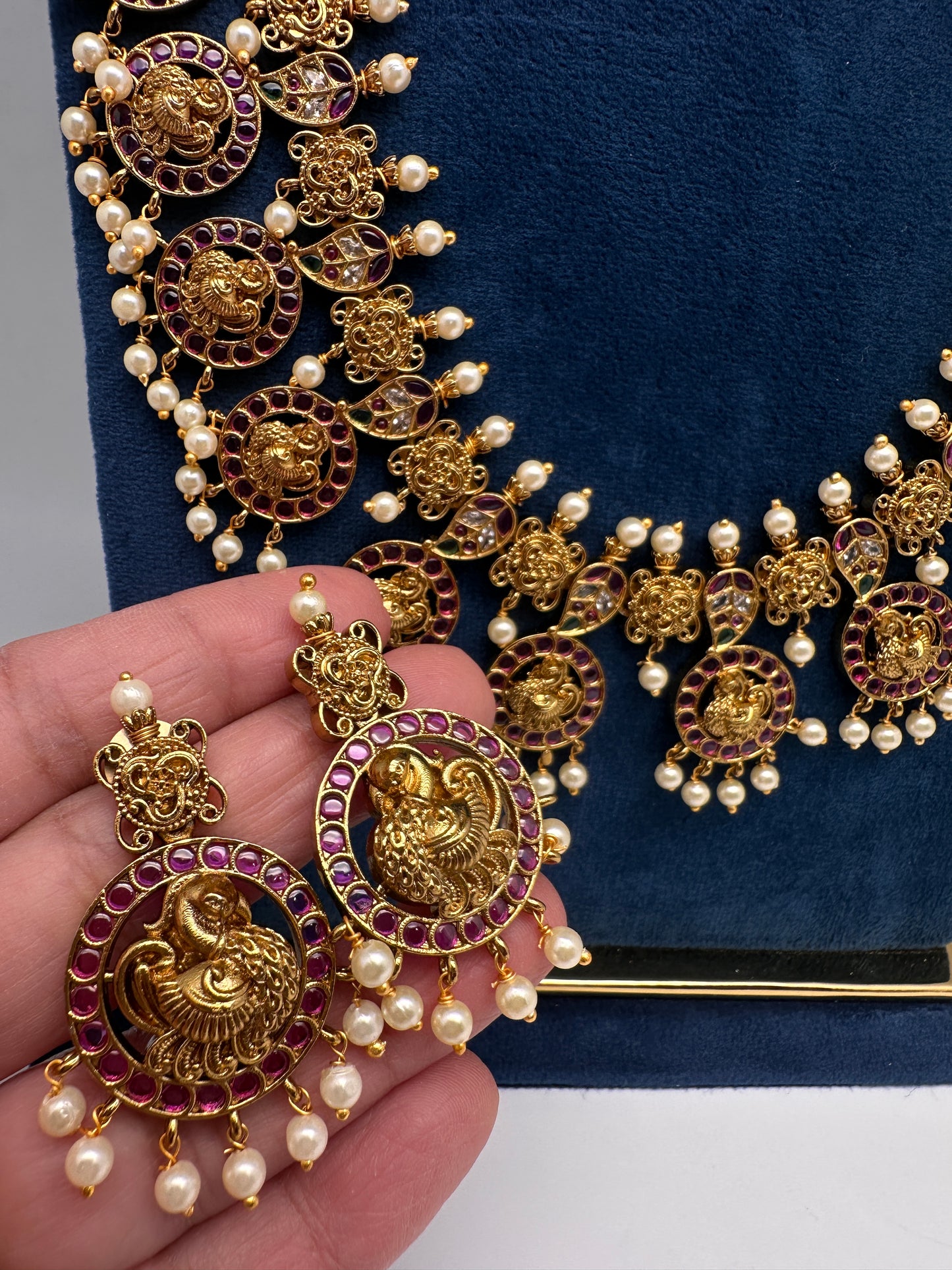 Traditional Kempu Peacock Bottu Mala Long Necklace - 