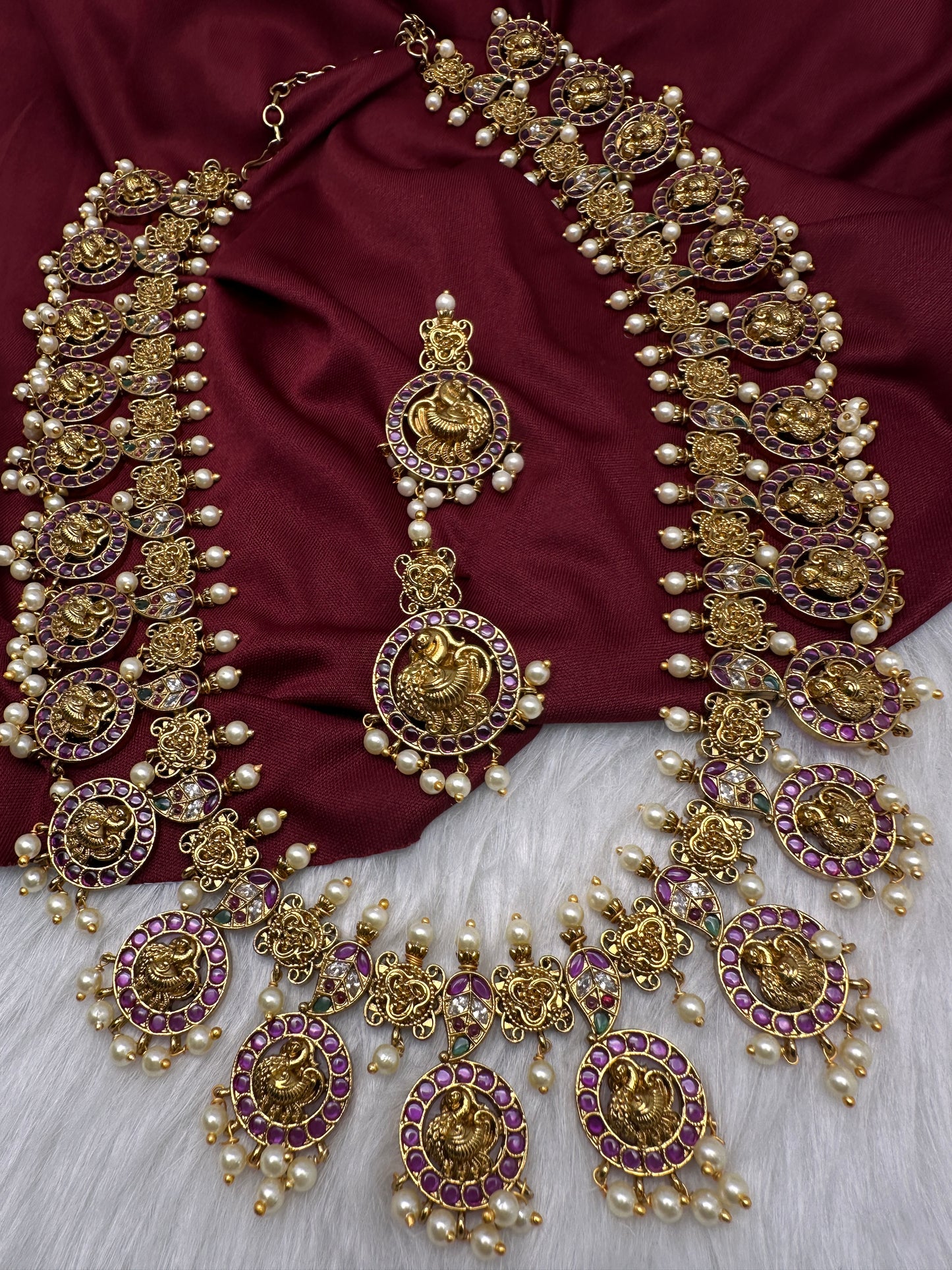 Traditional Kempu Peacock Bottu Mala Long Necklace - 