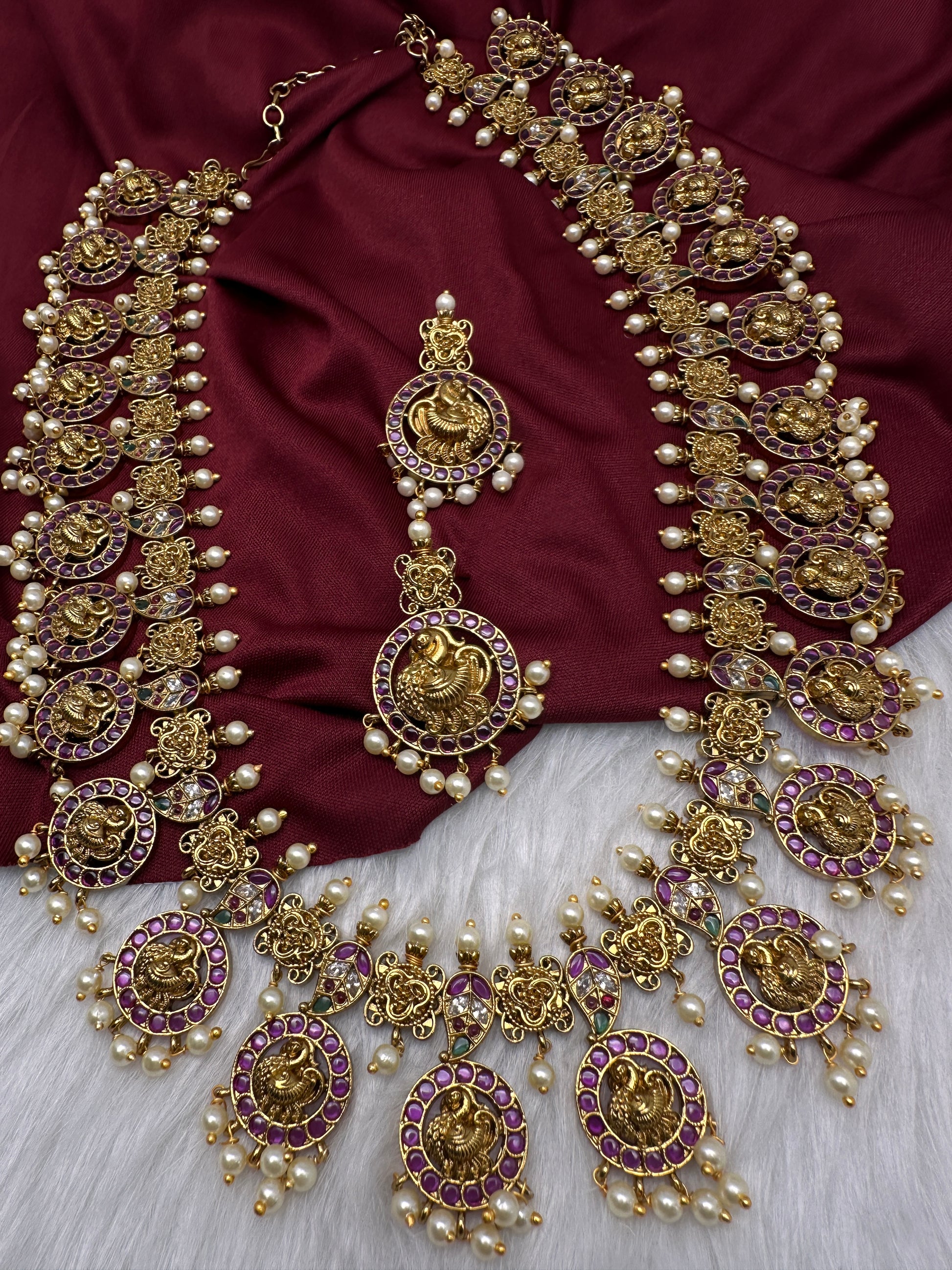 Traditional Kempu Peacock Bottu Mala Long Necklace - 
