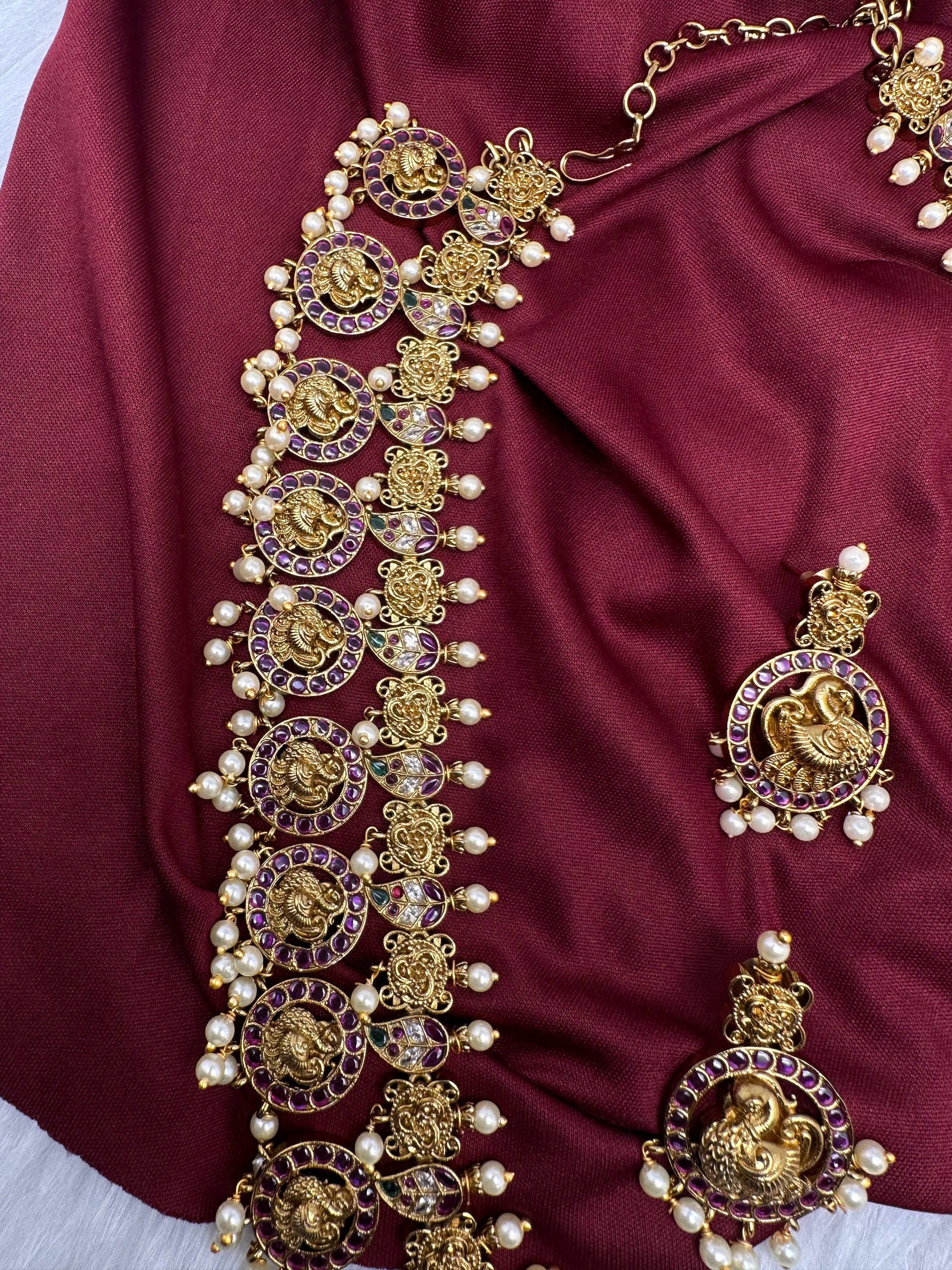 Traditional Kempu Peacock Bottu Mala Long Necklace - 
