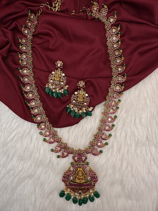 Traditional Goddess Lakshmi Kempu Mango Mala Long Necklace - 