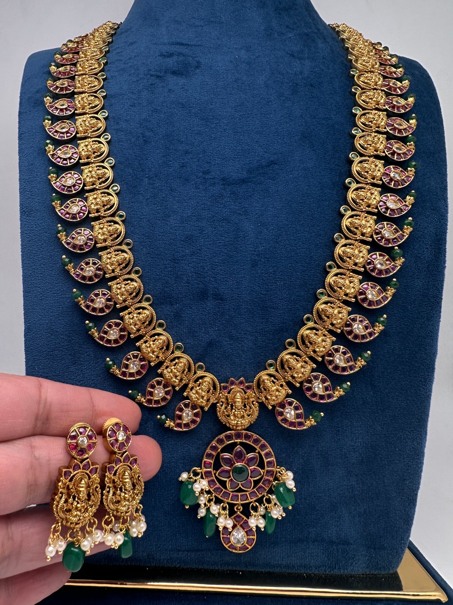 Goddess Lakshmi Matte  Kempu Mango Mala Long Necklace - 