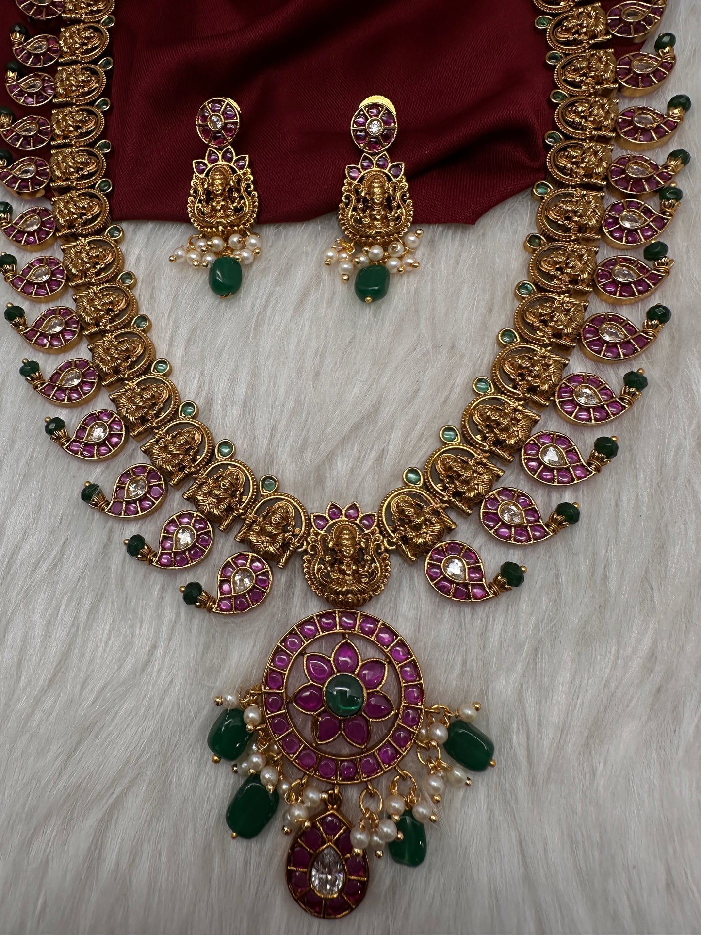 Goddess Lakshmi Matte  Kempu Mango Mala Long Necklace - 
