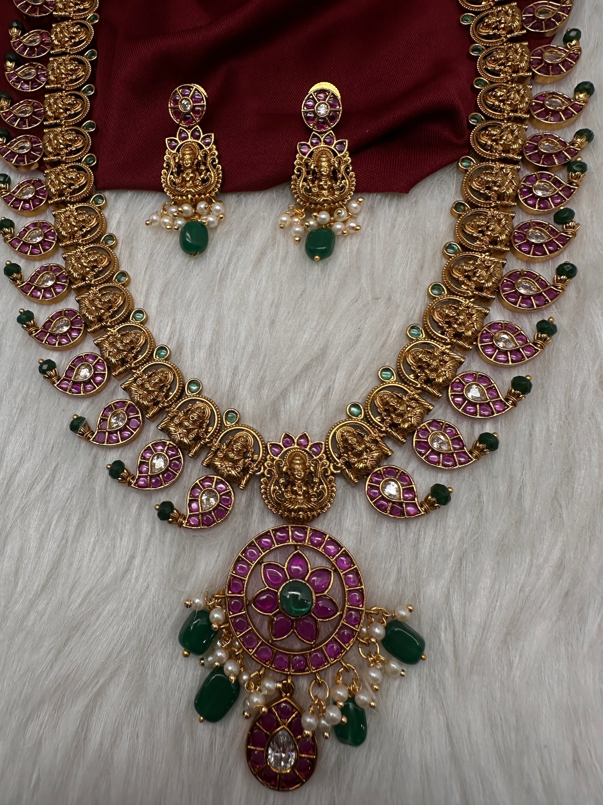 Goddess Lakshmi Matte  Kempu Mango Mala Long Necklace - 