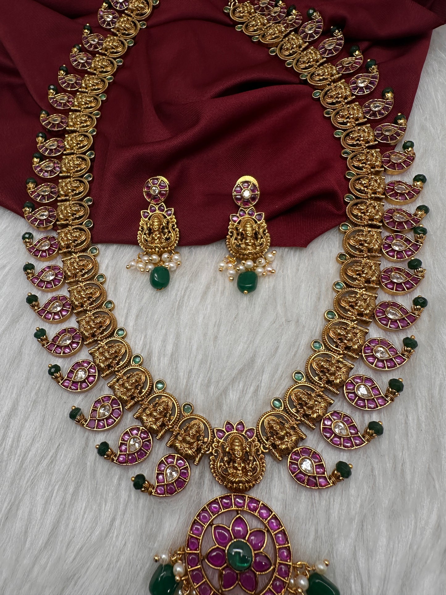 Goddess Lakshmi Matte  Kempu Mango Mala Long Necklace - 