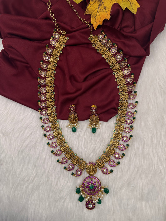 Goddess Lakshmi Matte  Kempu Mango Mala Long Necklace - 