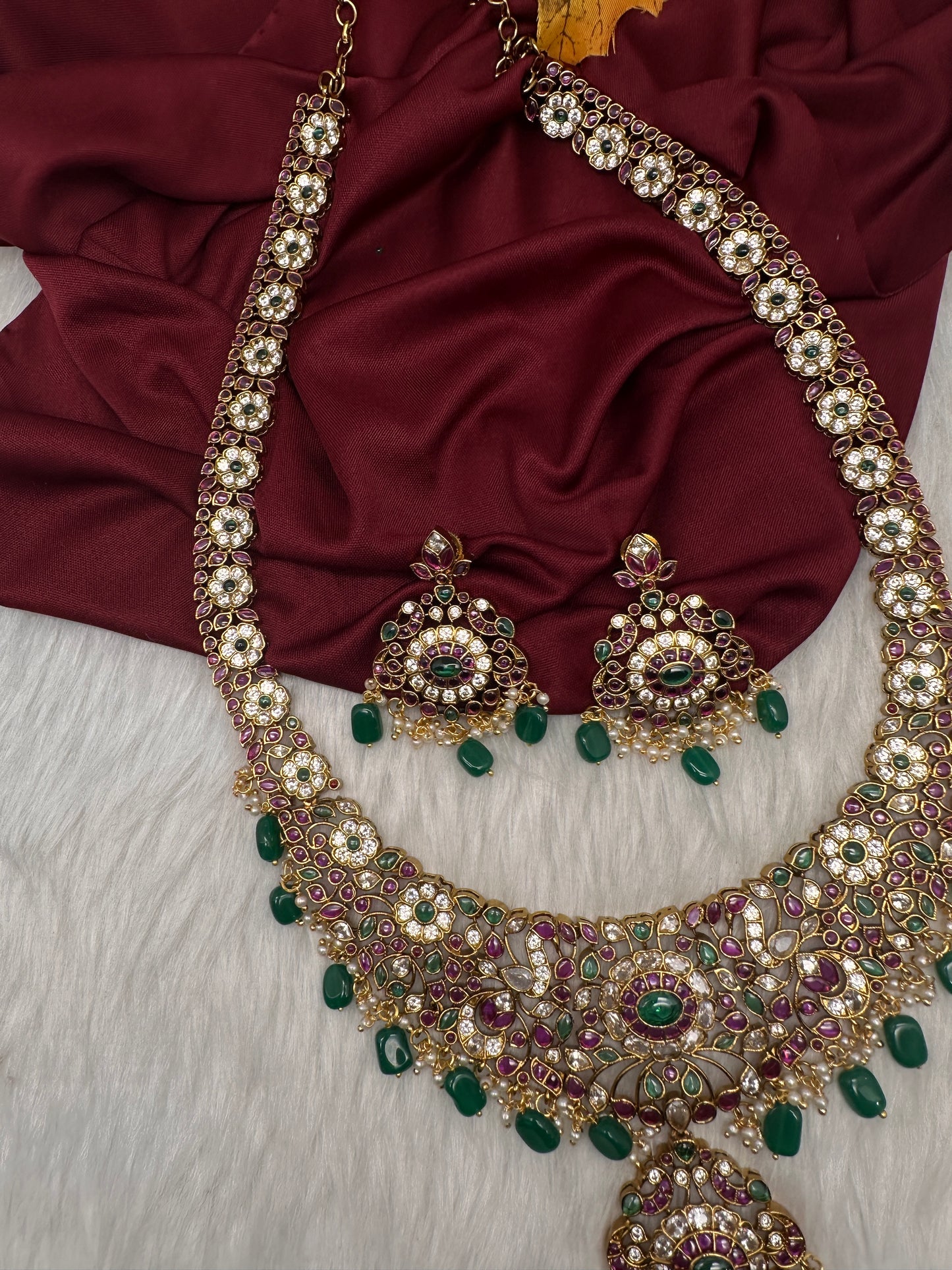 Floral Matte  Kempu Statement Long Necklace - 