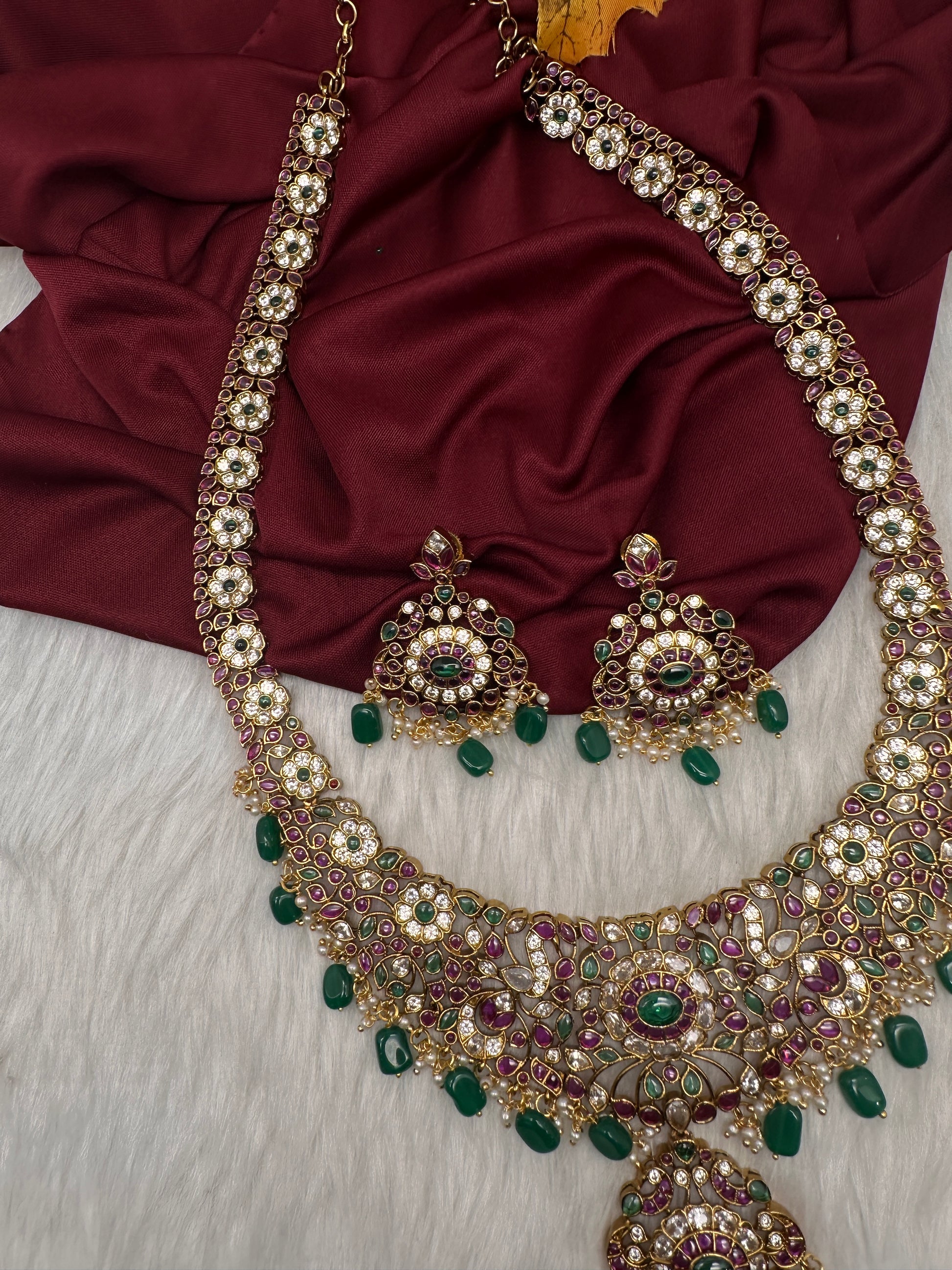 Floral Matte  Kempu Statement Long Necklace - 