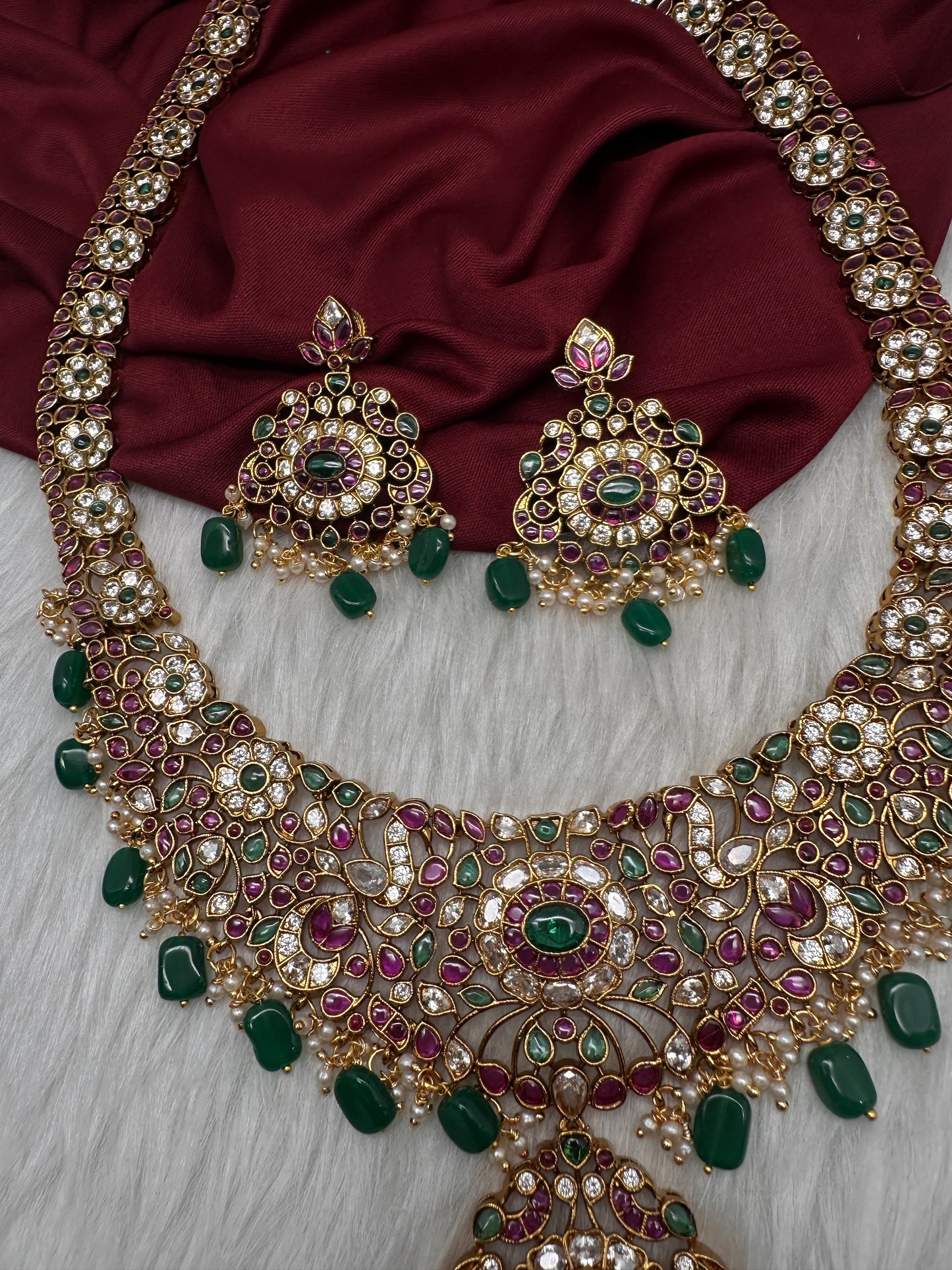Floral Matte  Kempu Statement Long Necklace - 