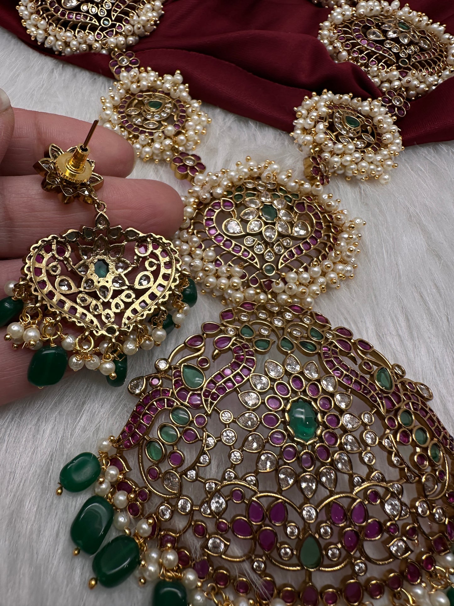 Cluster Pearls Kempu Statement Long Necklace - 