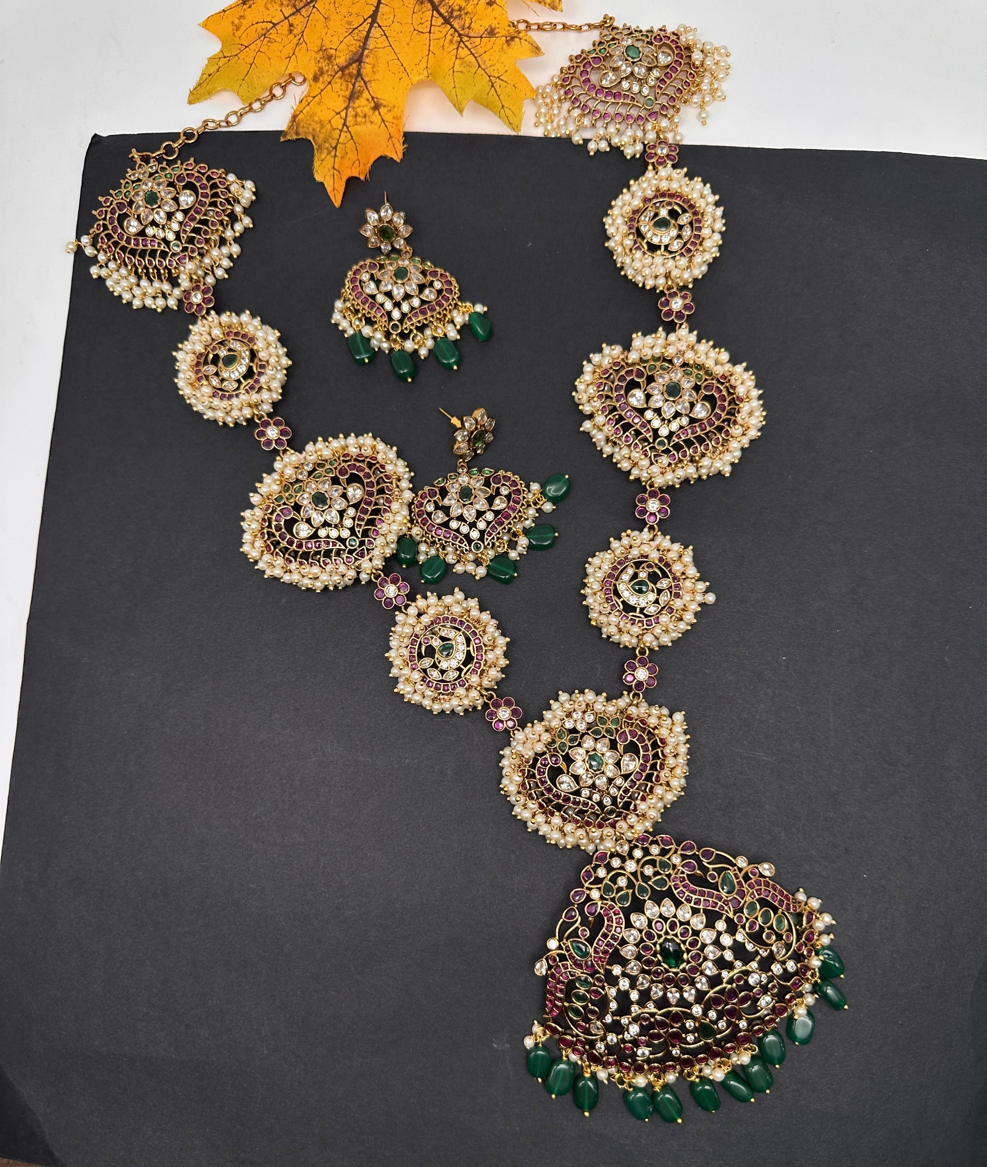Cluster Pearls Kempu Statement Long Necklace - 