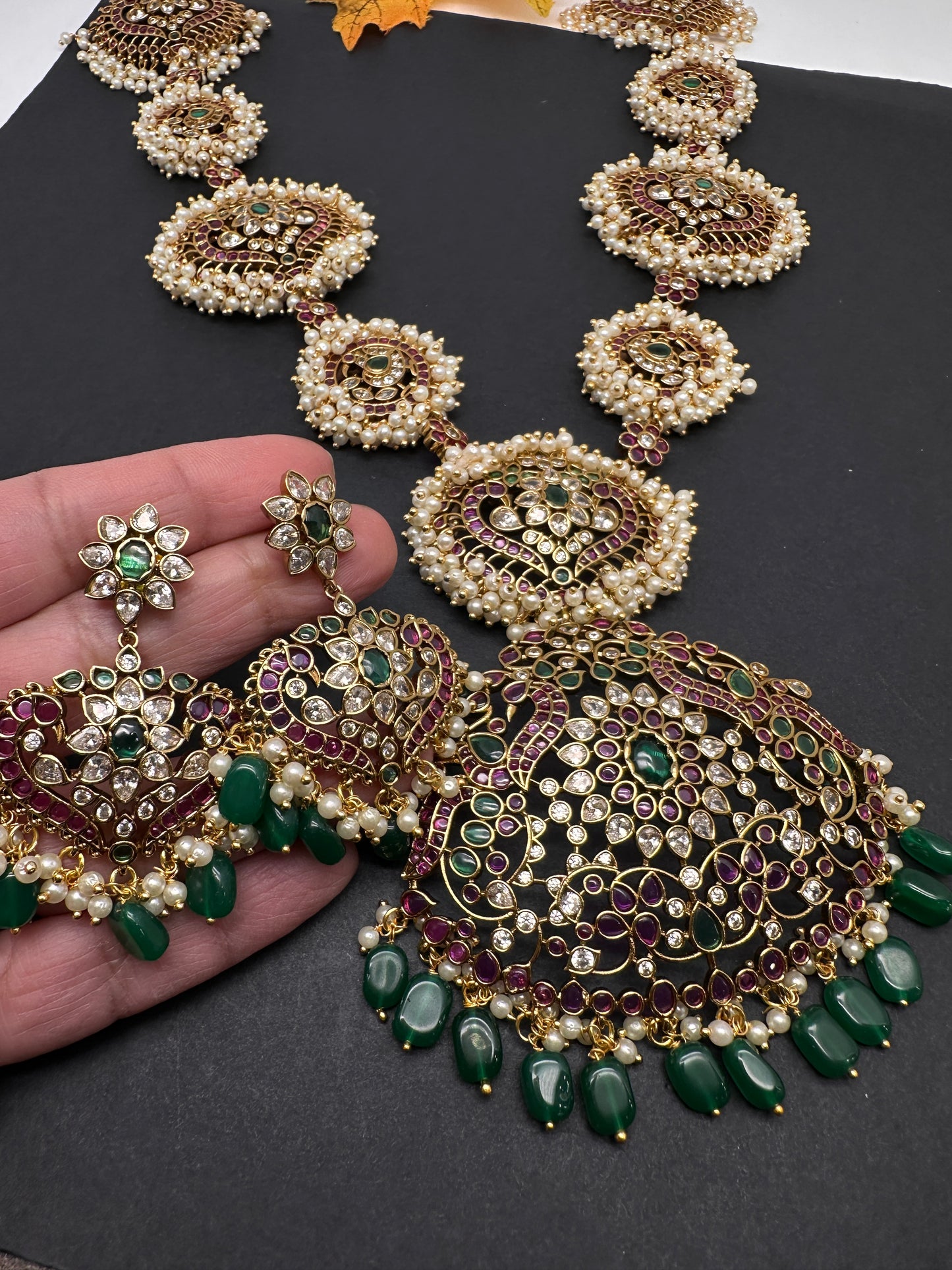 Cluster Pearls Kempu Statement Long Necklace - 