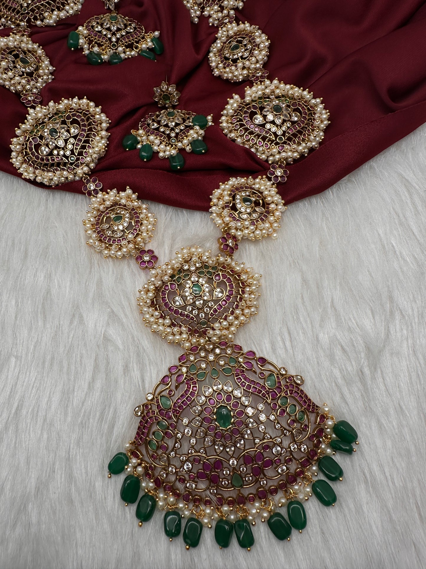 Cluster Pearls Kempu Statement Long Necklace - 