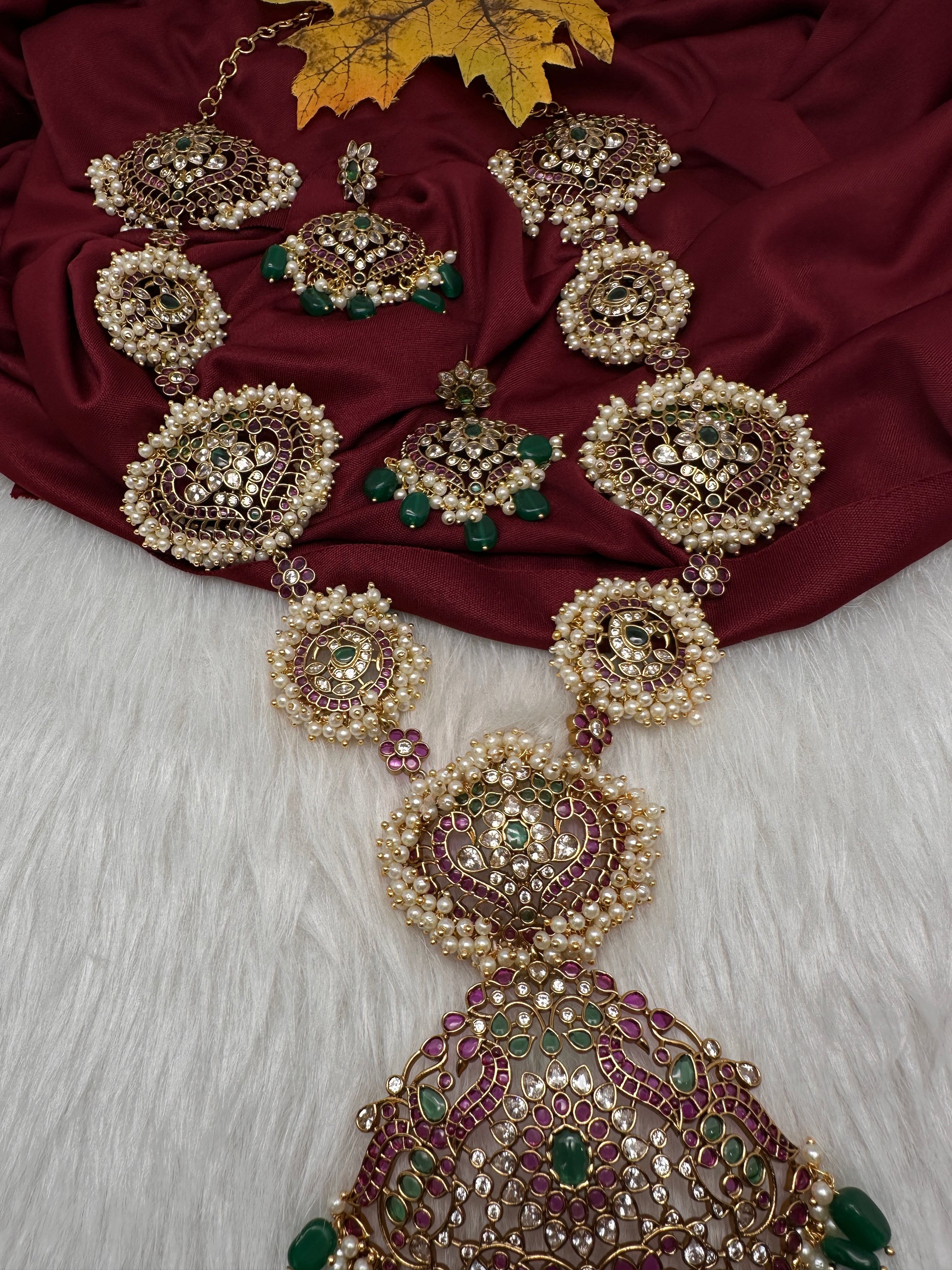 Cluster Pearls Kempu Statement Long Necklace - 
