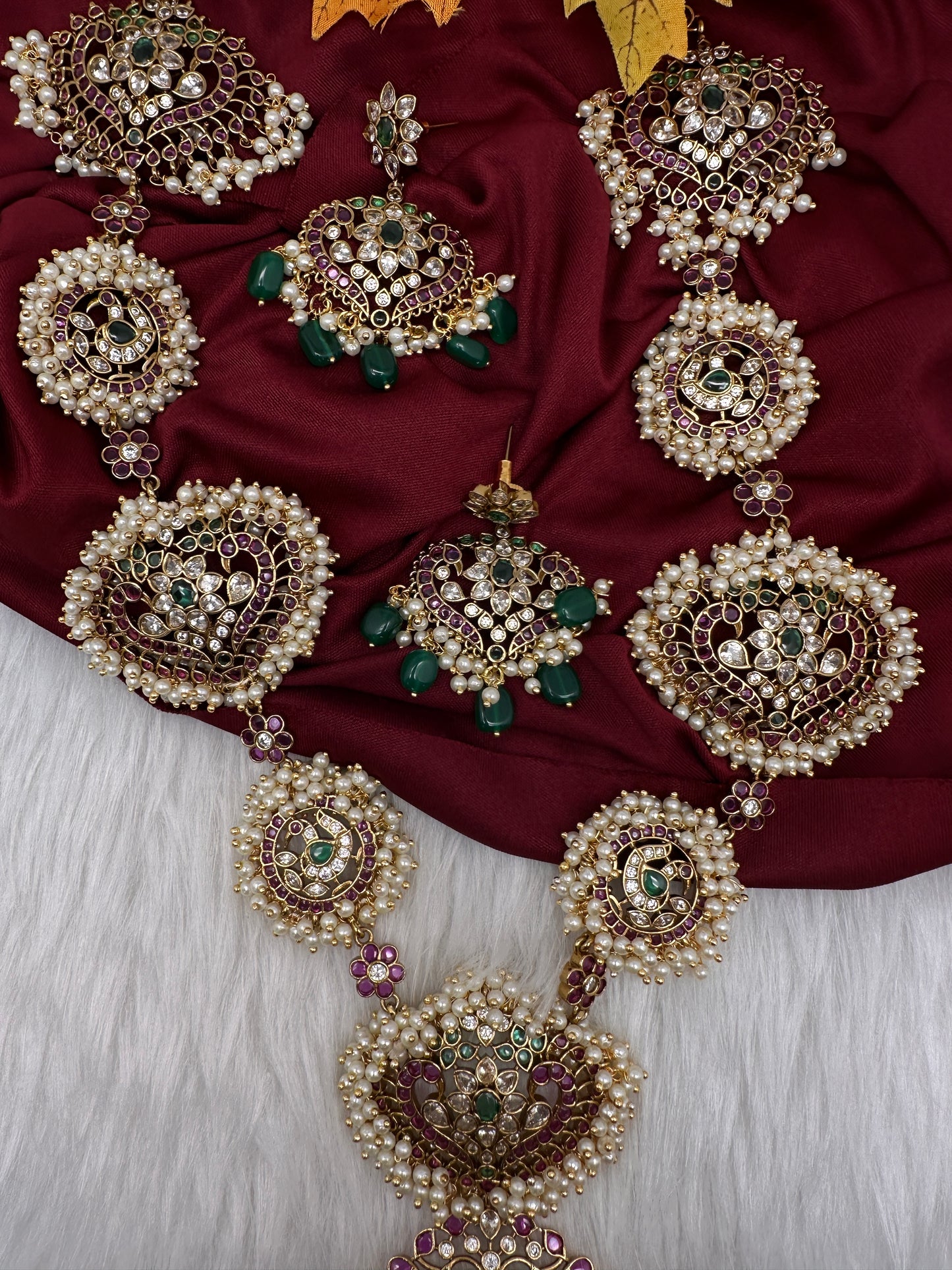 Cluster Pearls Kempu Statement Long Necklace - 