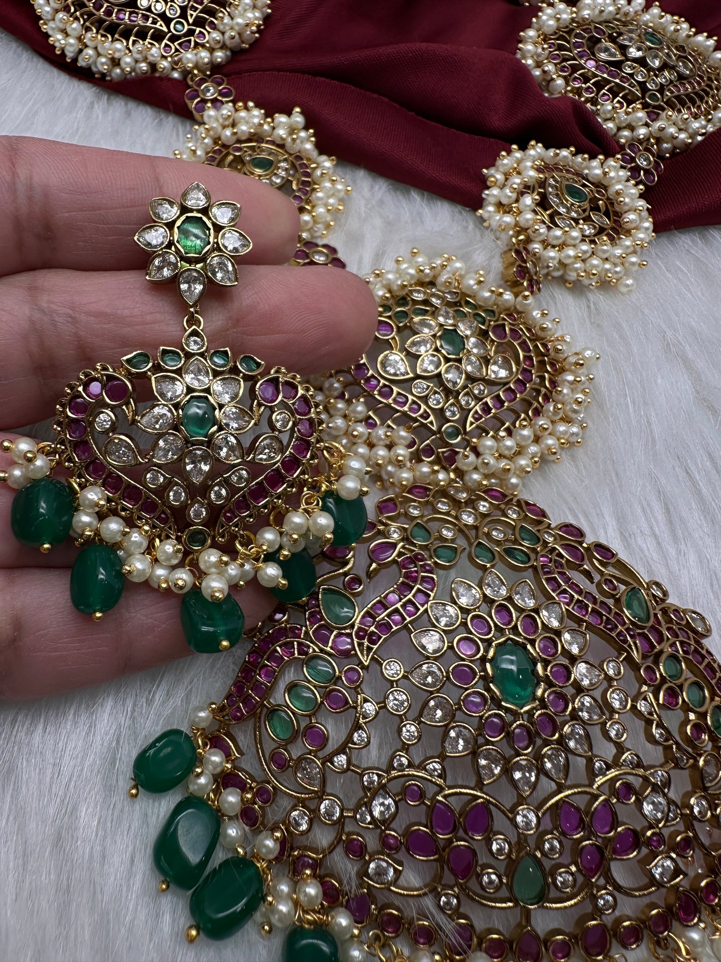 Cluster Pearls Kempu Statement Long Necklace - 