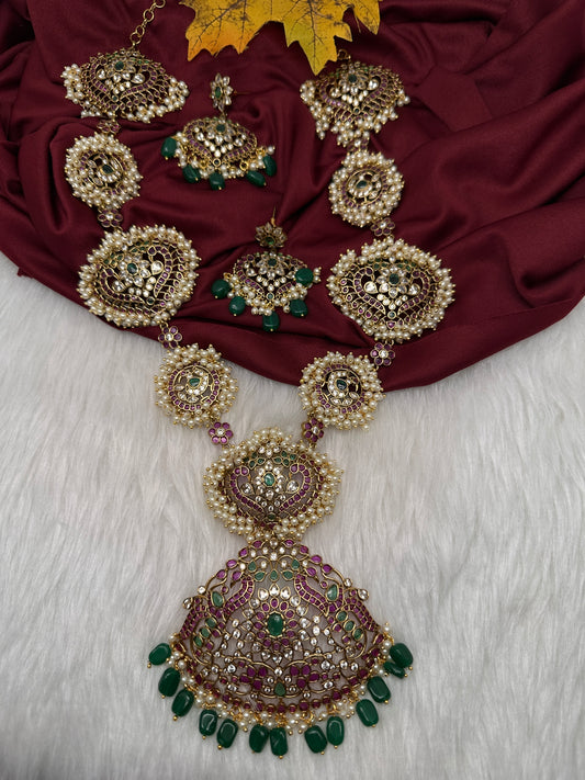Cluster Pearls Kempu Statement Long Necklace - 