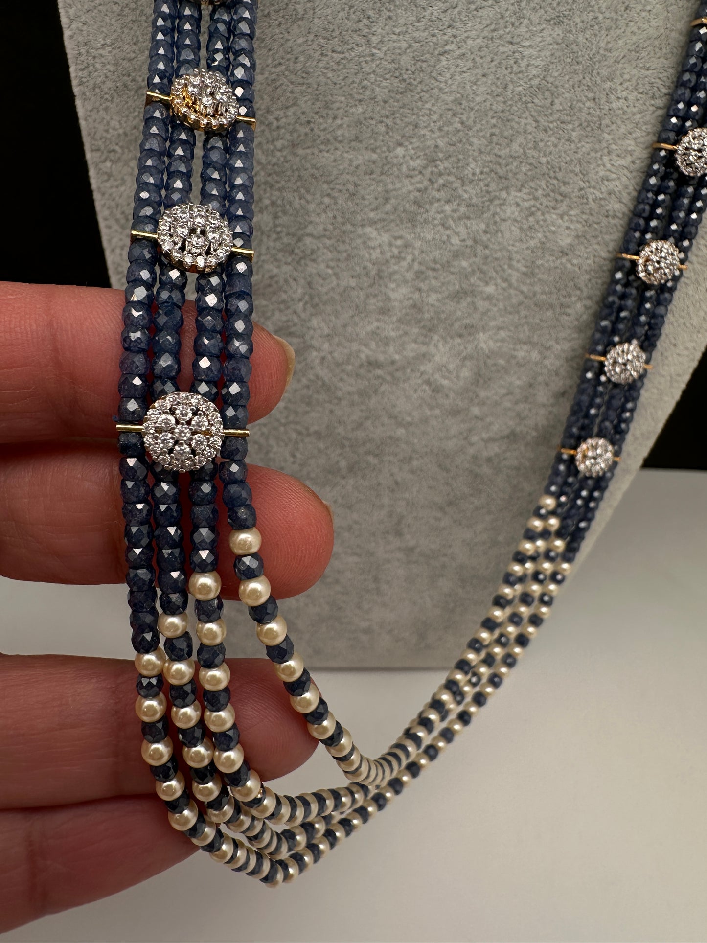 CZ Pearls Beads Long Necklace - Blue