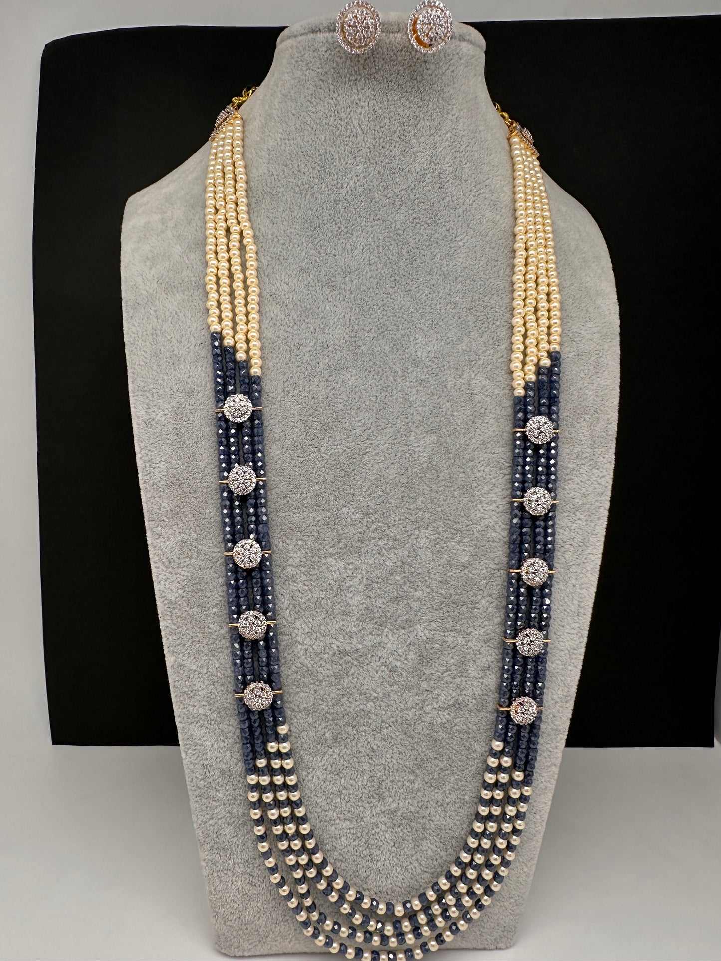 CZ Pearls Beads Long Necklace - Blue