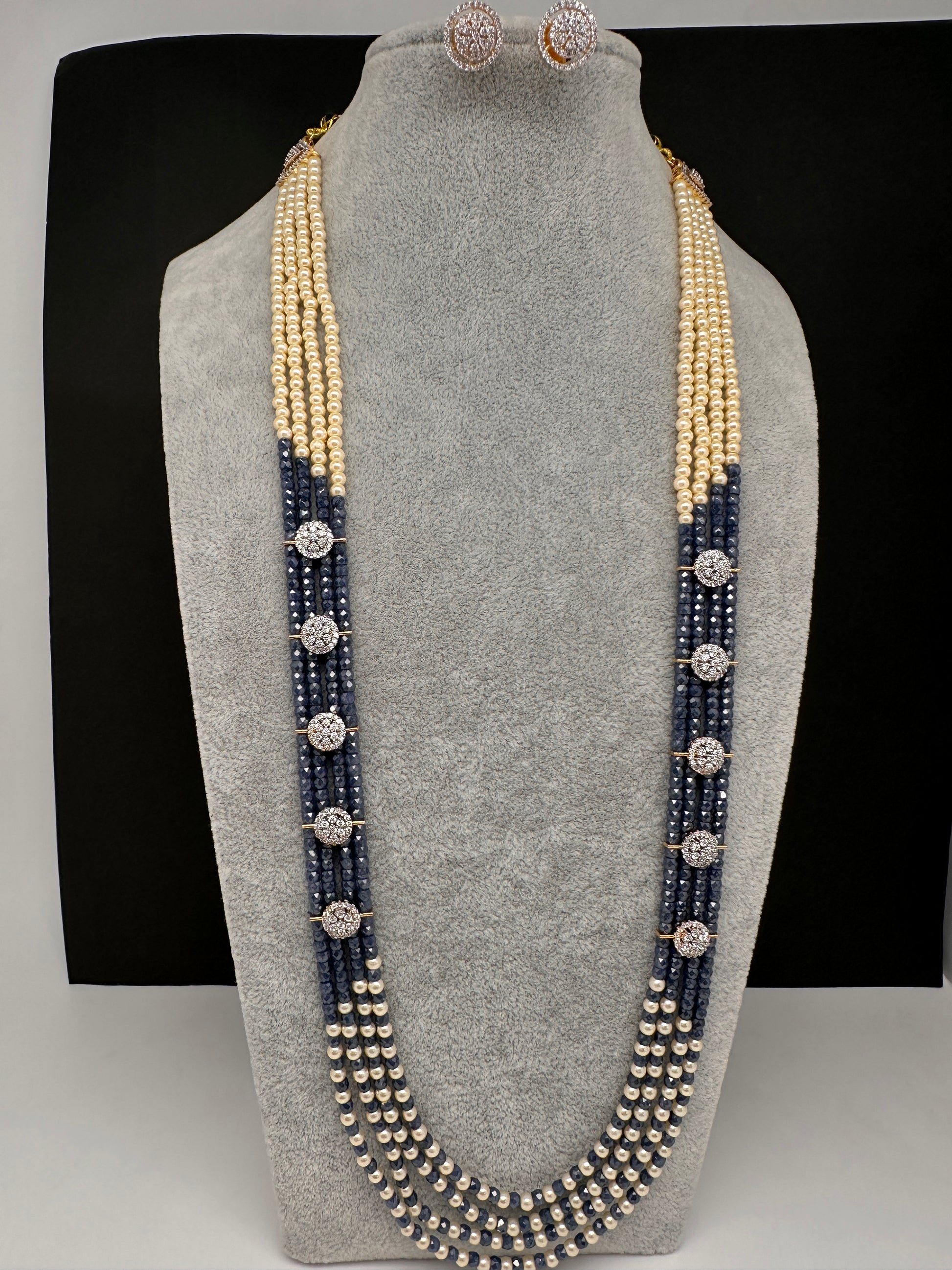 CZ Pearls Beads Long Necklace - Blue