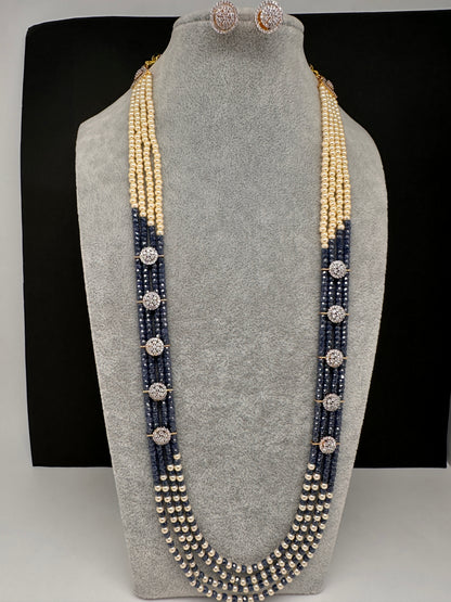 CZ Pearls Beads Long Necklace - Blue