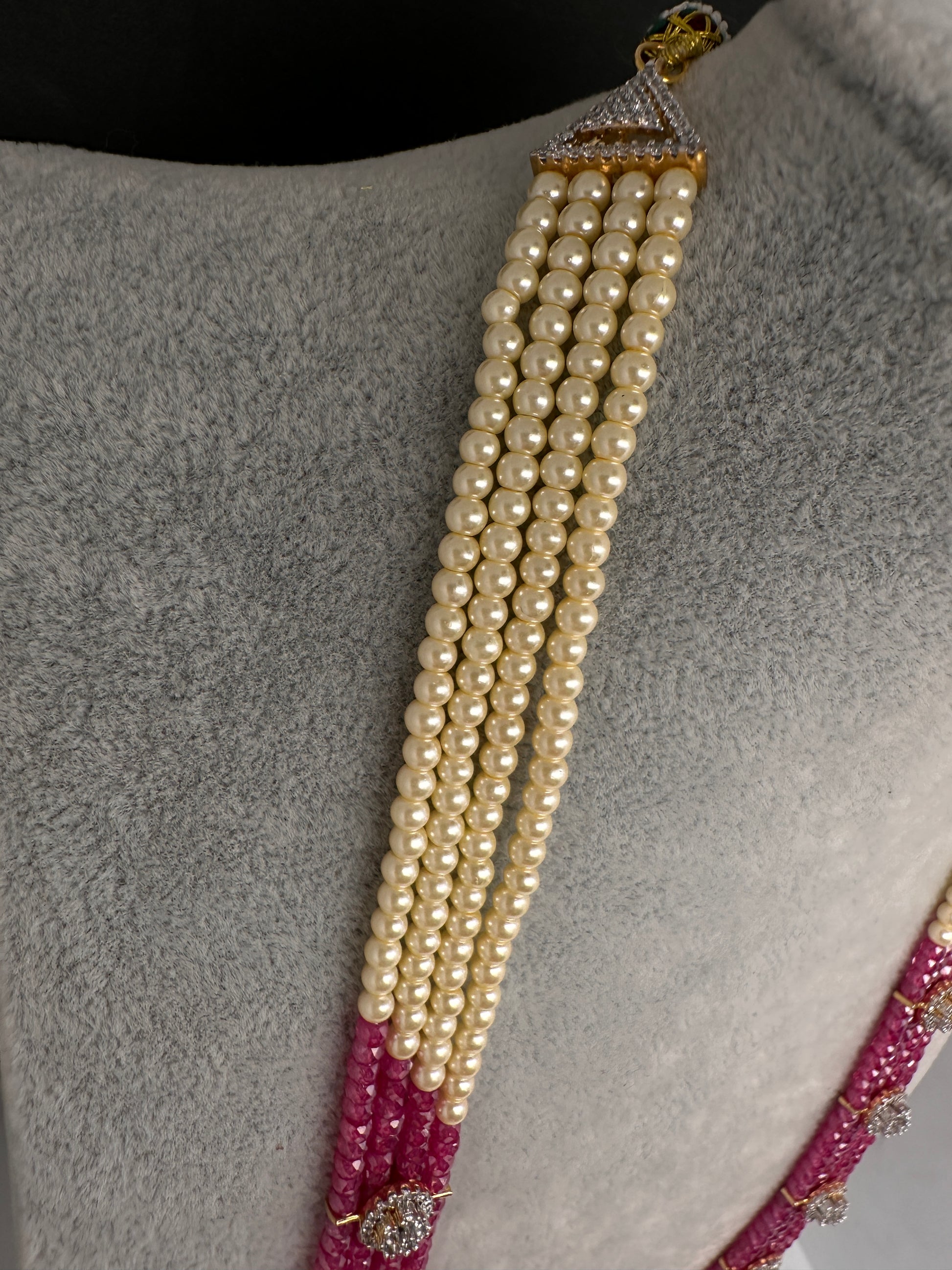 CZ Pearls Beads Long Necklace - DarkPink