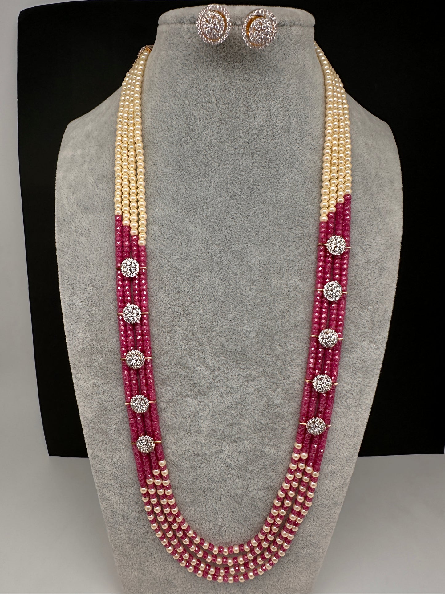 CZ Pearls Beads Long Necklace - DarkPink