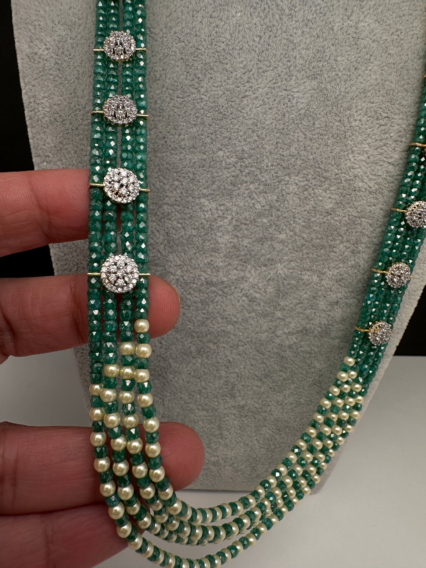 CZ Pearls Beads Long Necklace - Green