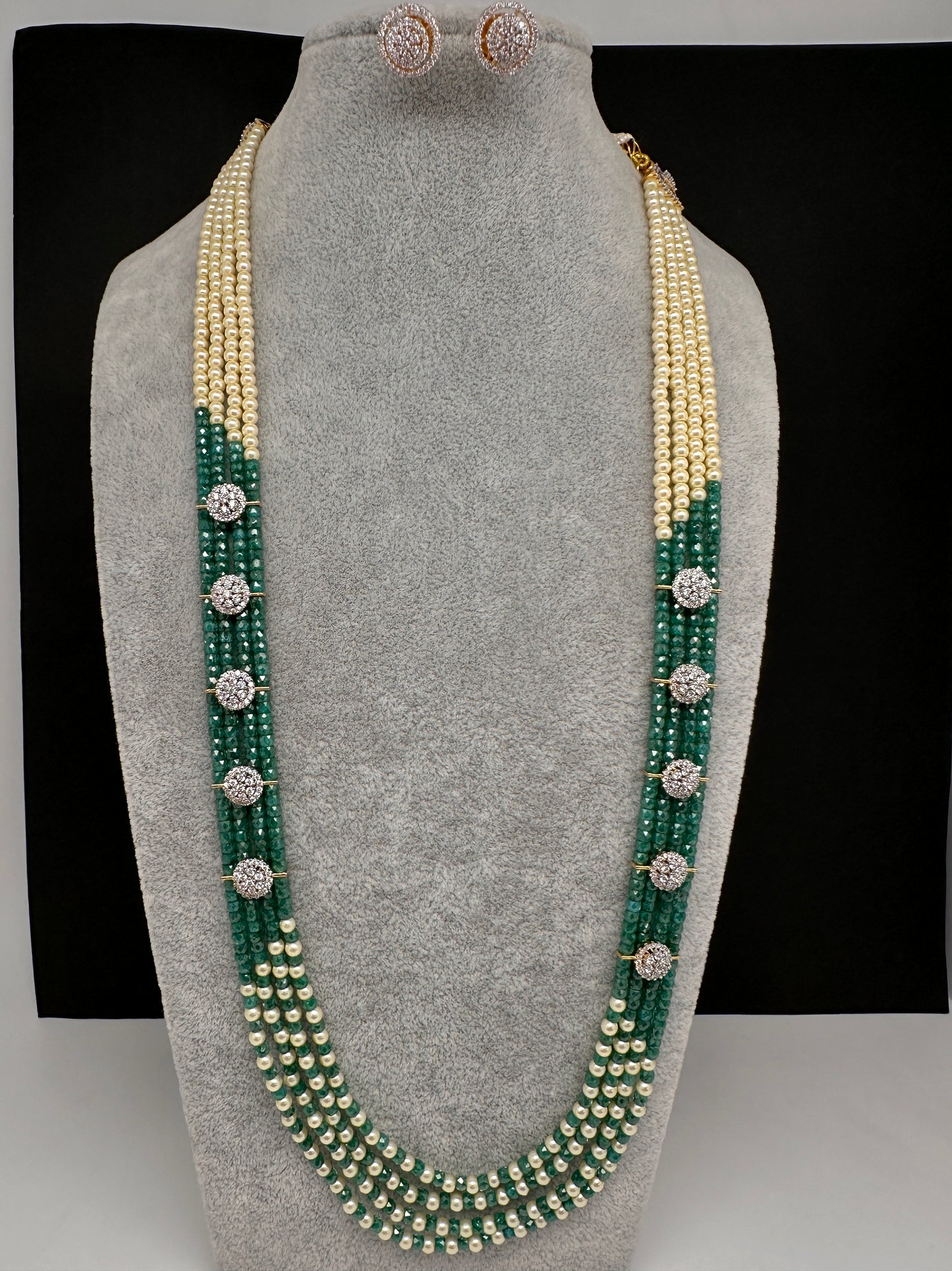 CZ Pearls Beads Long Necklace - Green