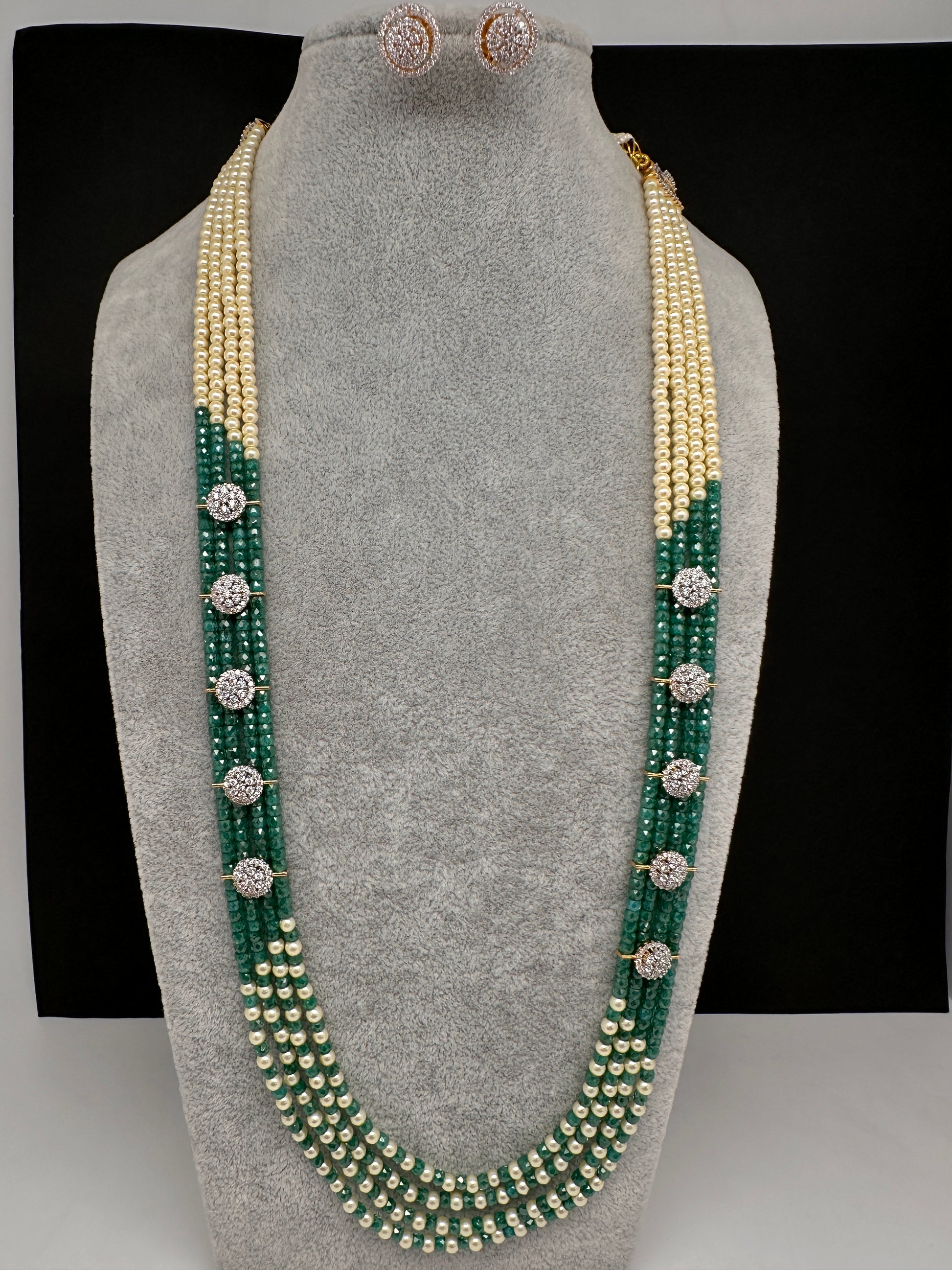 CZ Pearls Beads Long Necklace - Green
