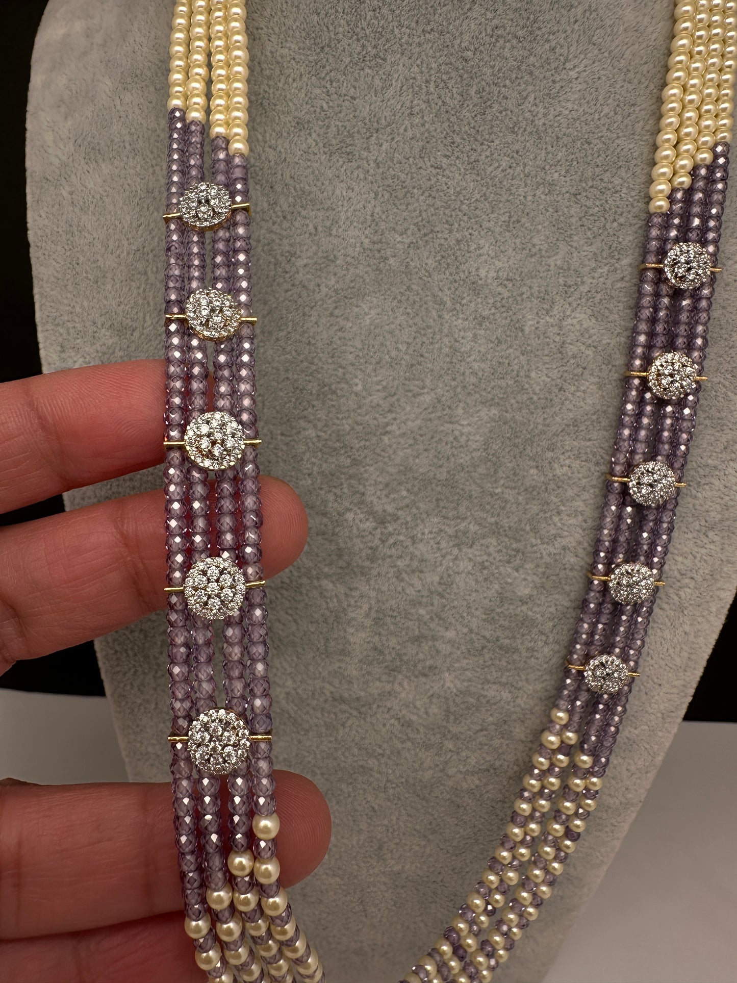 CZ Pearls Beads Long Necklace - Lavender