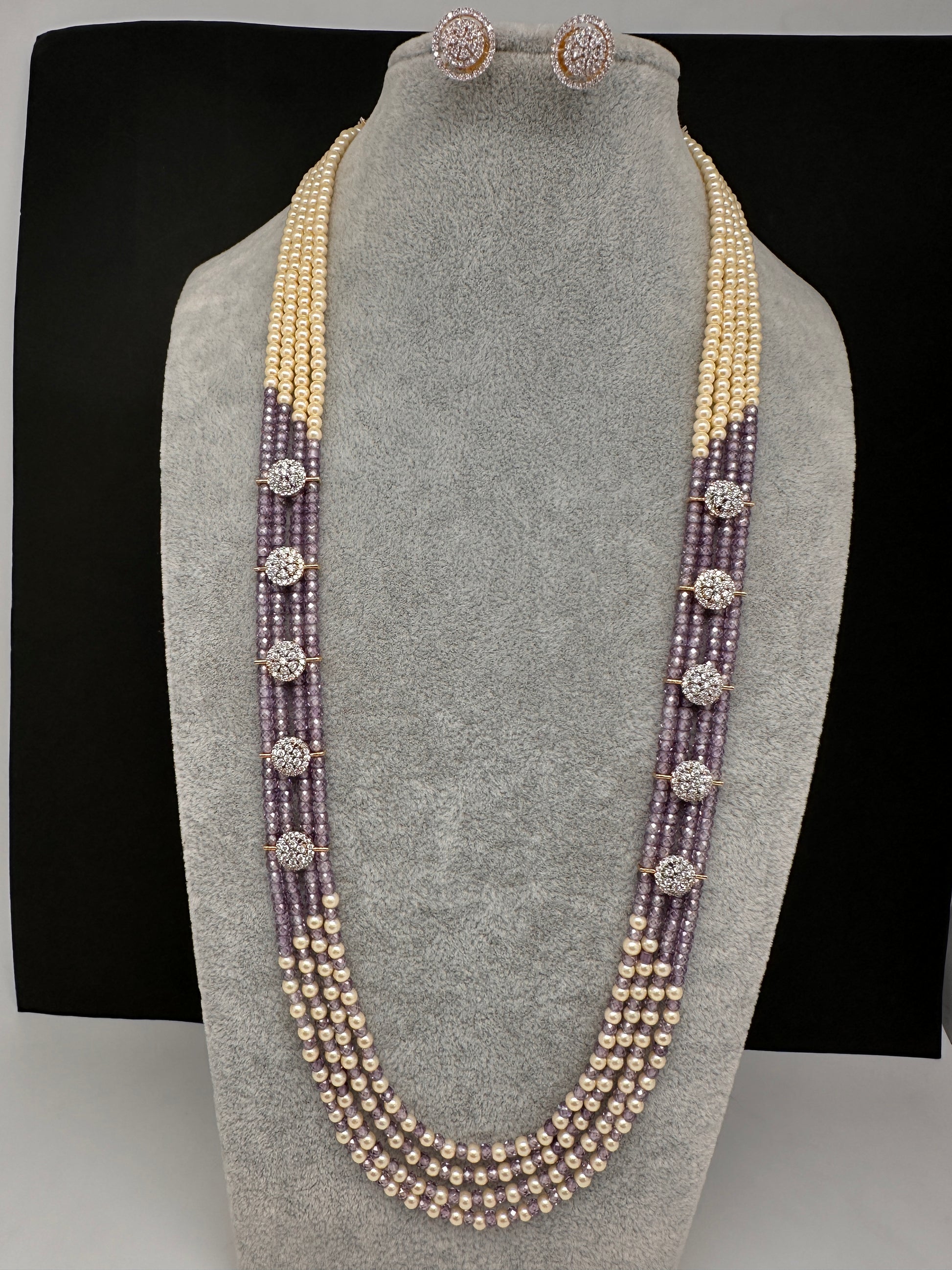 CZ Pearls Beads Long Necklace - Lavender