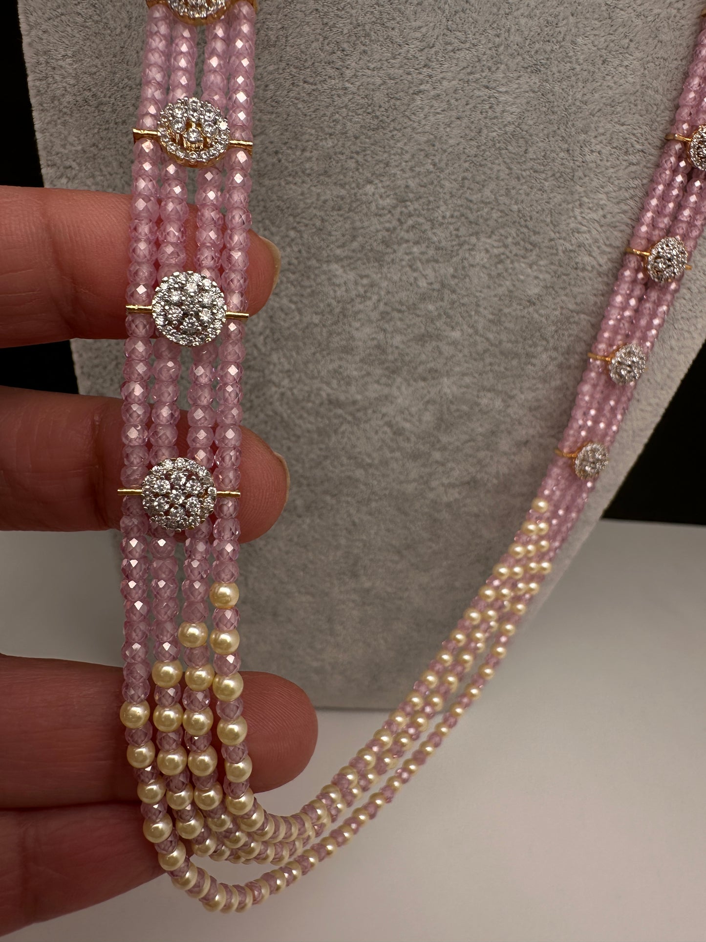 CZ Pearls Beads Long Necklace - LightPink