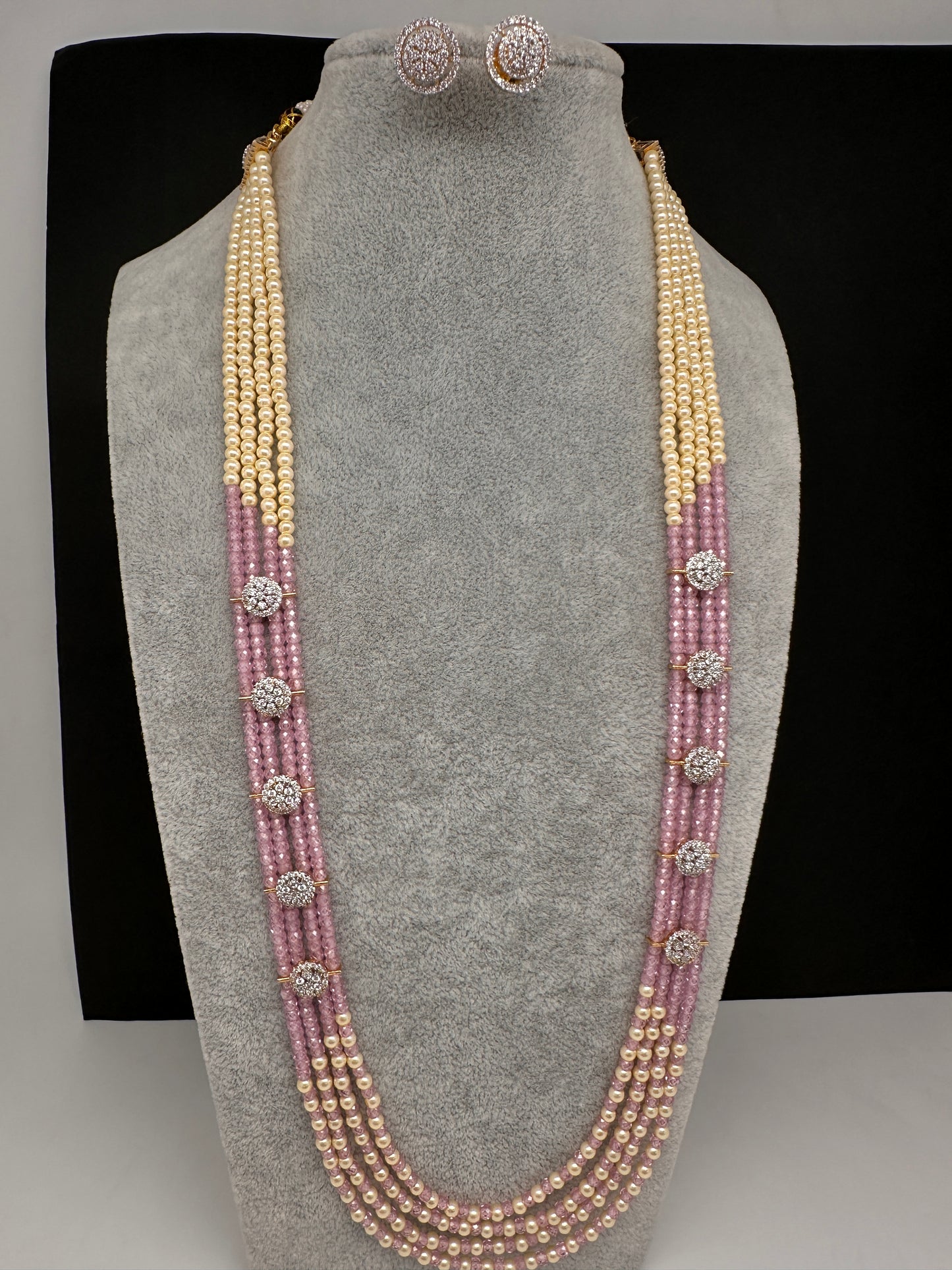 CZ Pearls Beads Long Necklace - LightPink