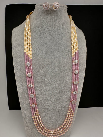 CZ Pearls Beads Long Necklace - LightPink